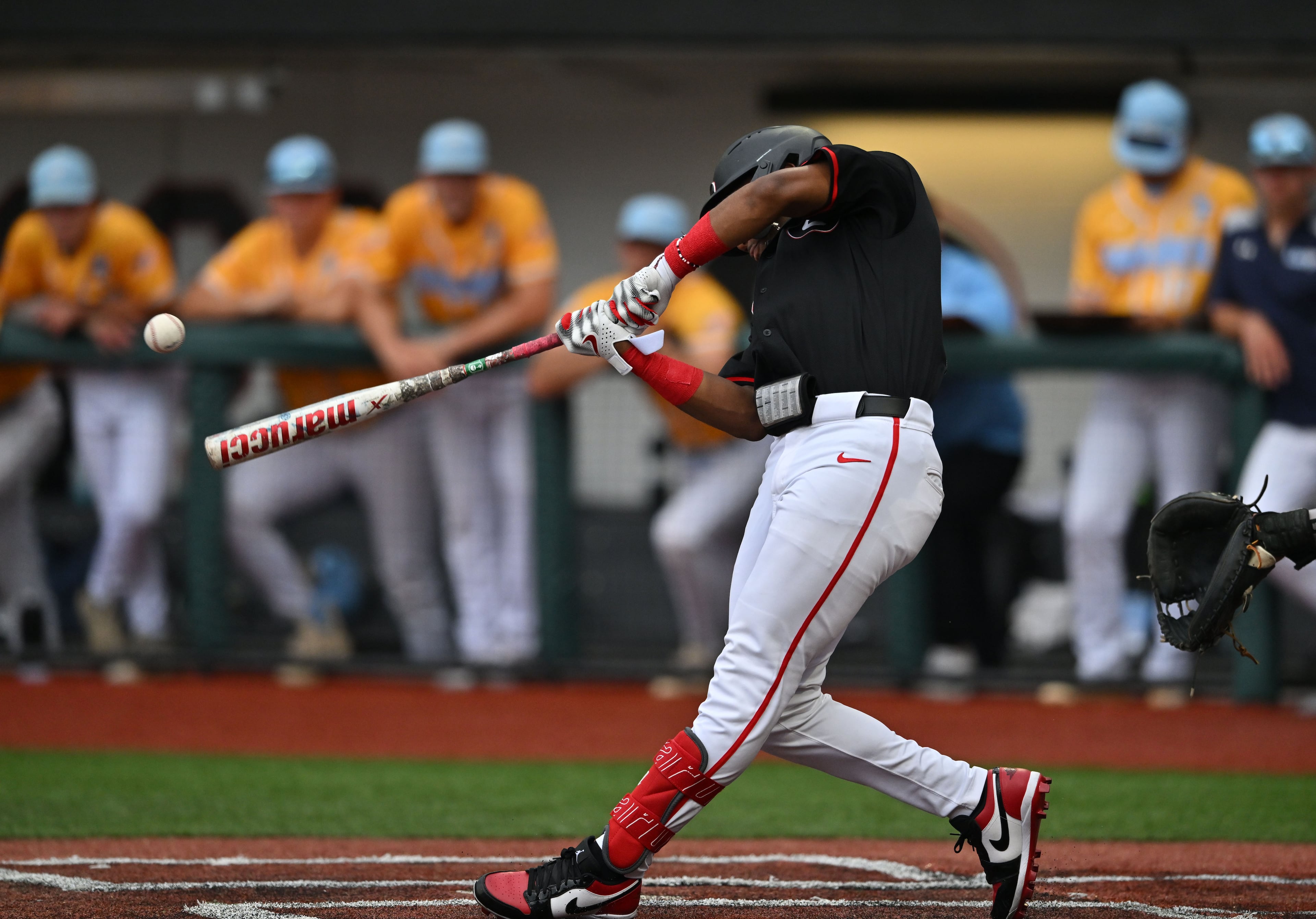 Georgia infielder Ryan Wynn (0) hits an RBI single during the third inning of their NCAA Regional game at Foley Field, Friday, May 29, 2026, in Athens. (Hyosub Shin/AJC)