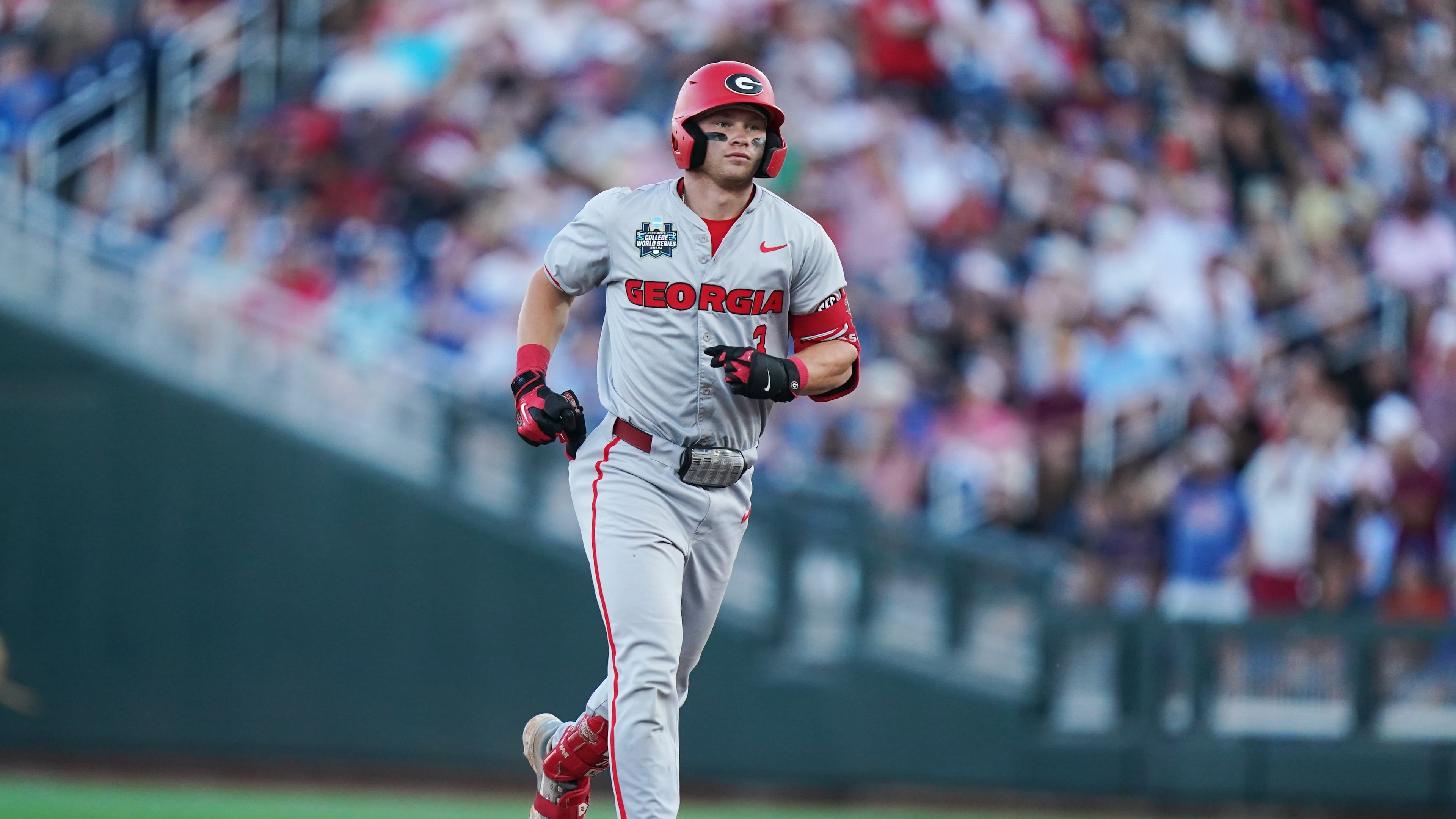 Georgia catcher Daniel Jackson rounds the base after hitting a homer during an NCAA baseball College World Series game against Oklahoma, Monday, June 15, 2026 in Omaha, Neb. Oklahoma won 4-3. (Vera Nieuwenhuis/AP)