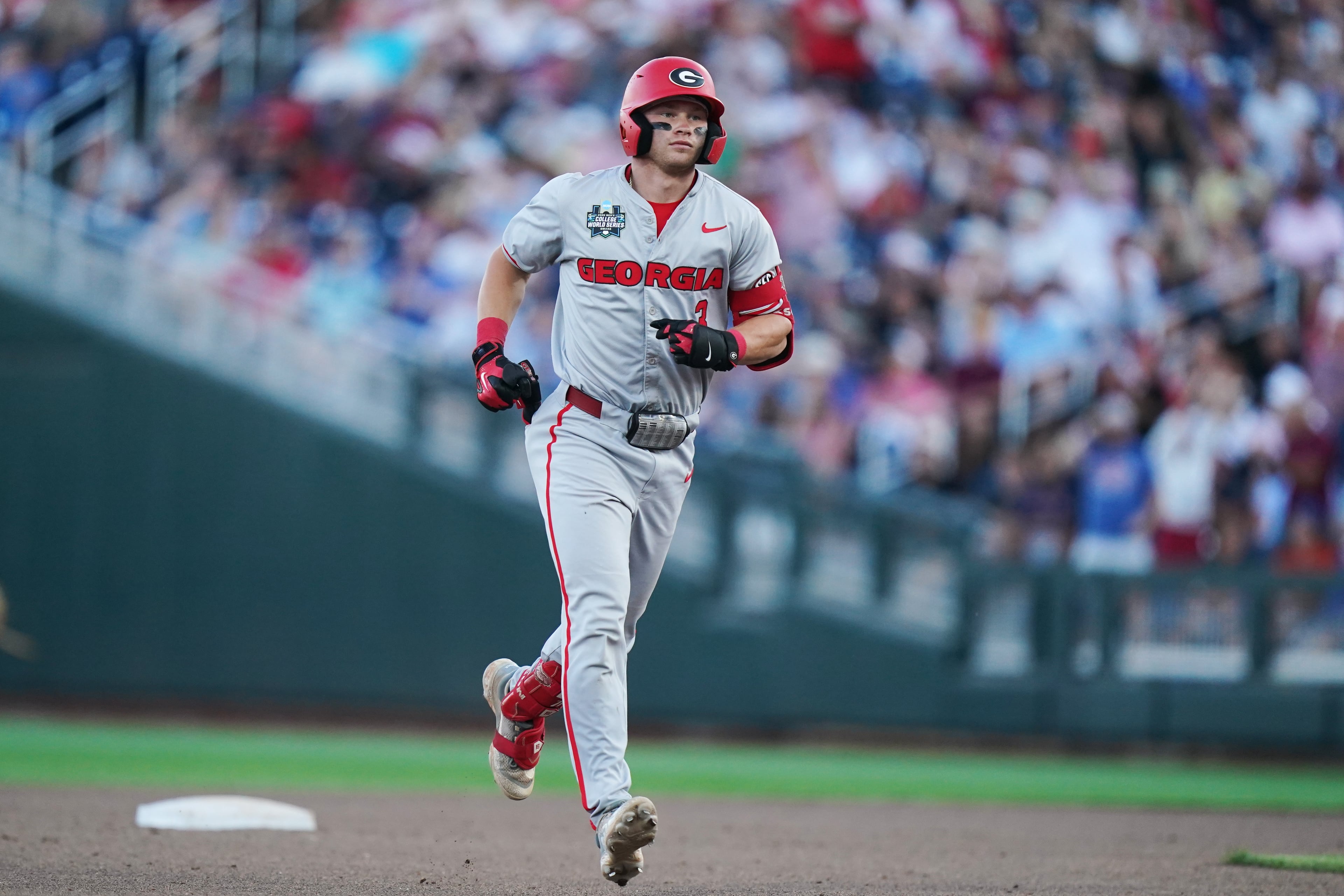 Georgia catcher Daniel Jackson rounds the bases after hitting a homer during a College World Series game against Oklahoma on Monday, June 15, 2026, in Omaha, Neb. Oklahoma won 4-3. (Vera Nieuwenhuis/AP)
