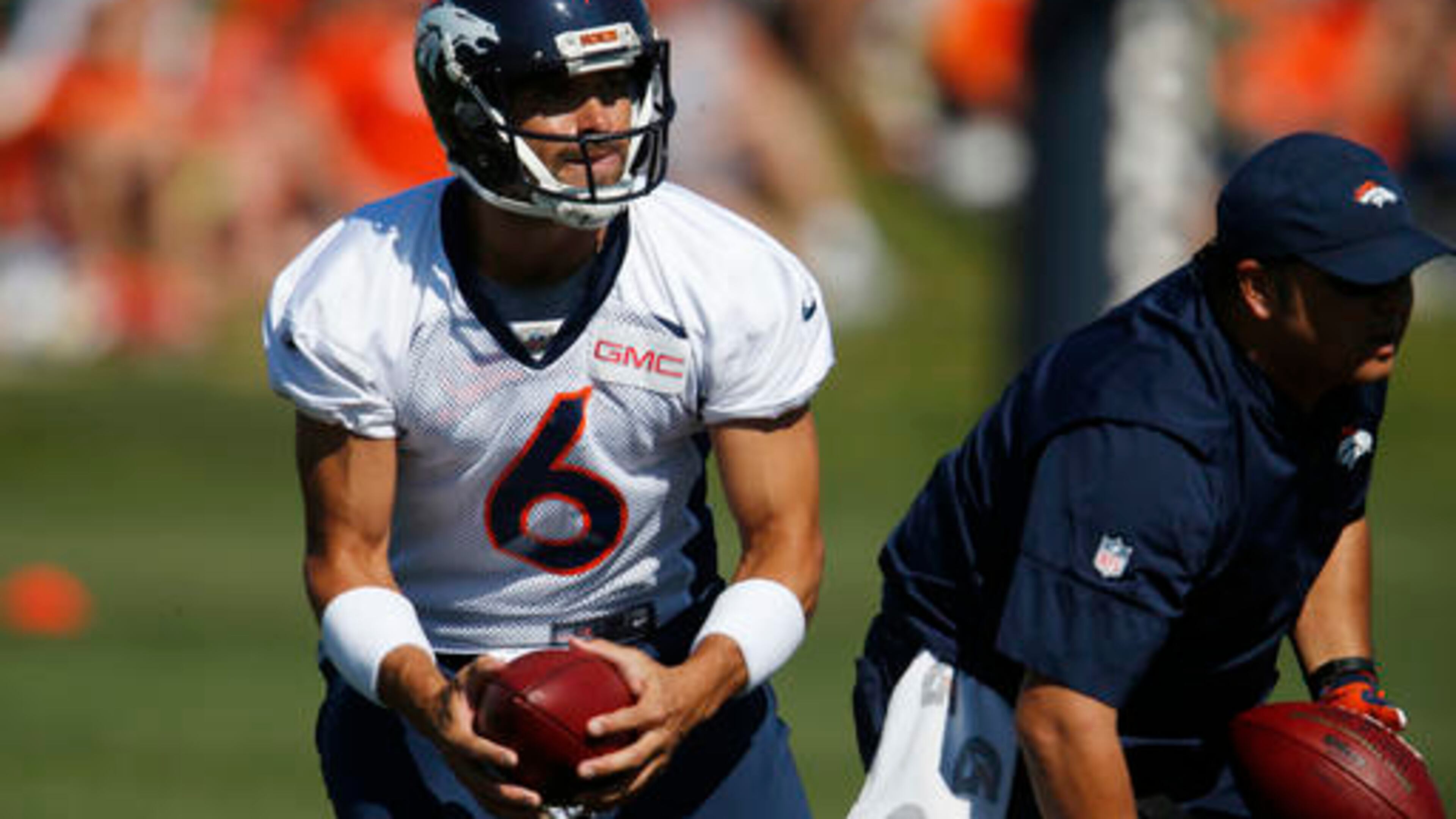 Denver Broncos quarterback Mark Sanchez takes part in drills during the team's NFL football practice Monday, Aug. 8, 2016 in Englewood, Colo. (AP Photo/David Zalubowski)