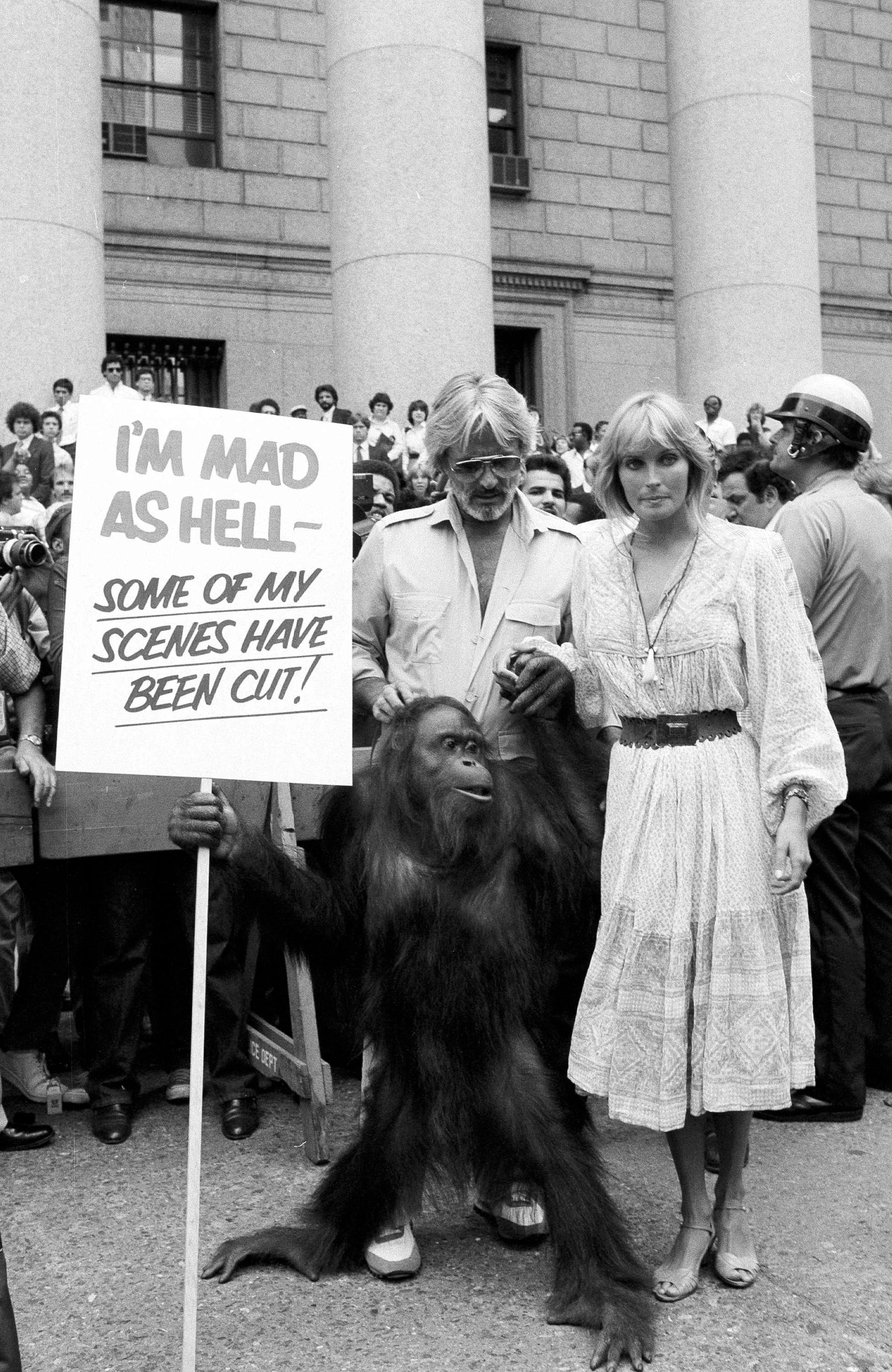 Actress Bo Derek and her husband John Derek appear at the U.S. Court House in Foley Square, New York, July 22, 1981 with C.J. the orangutan, to protest scene cuts in their new film "Tarzan, the Ape Man." (AP Photo)