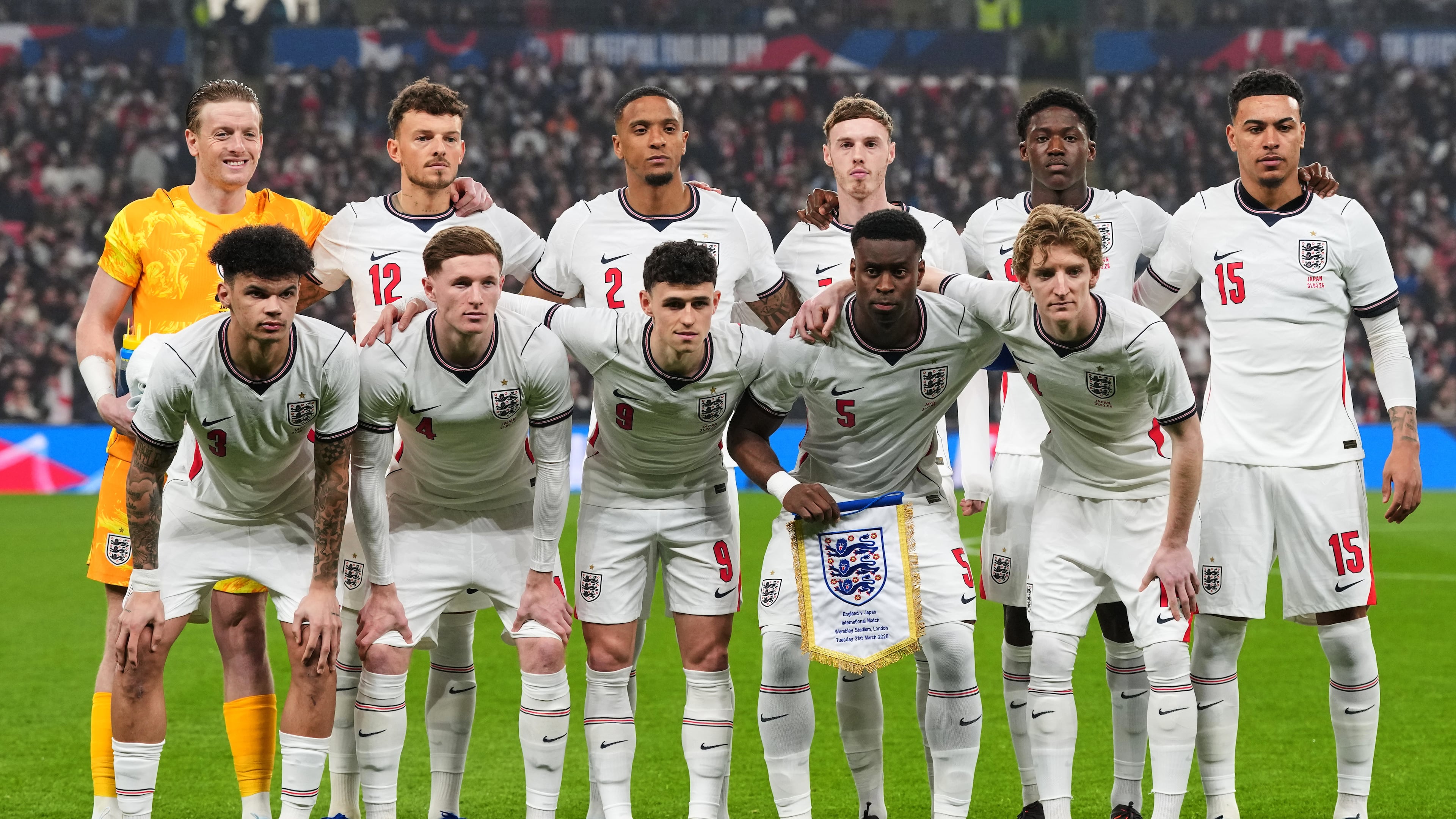 FILE - England players pose for a team photo before the start of the International friendly soccer match between England and Japan in London, Tuesday, March 31, 2026 . (AP Photo/Kirsty Wigglesworth, File)