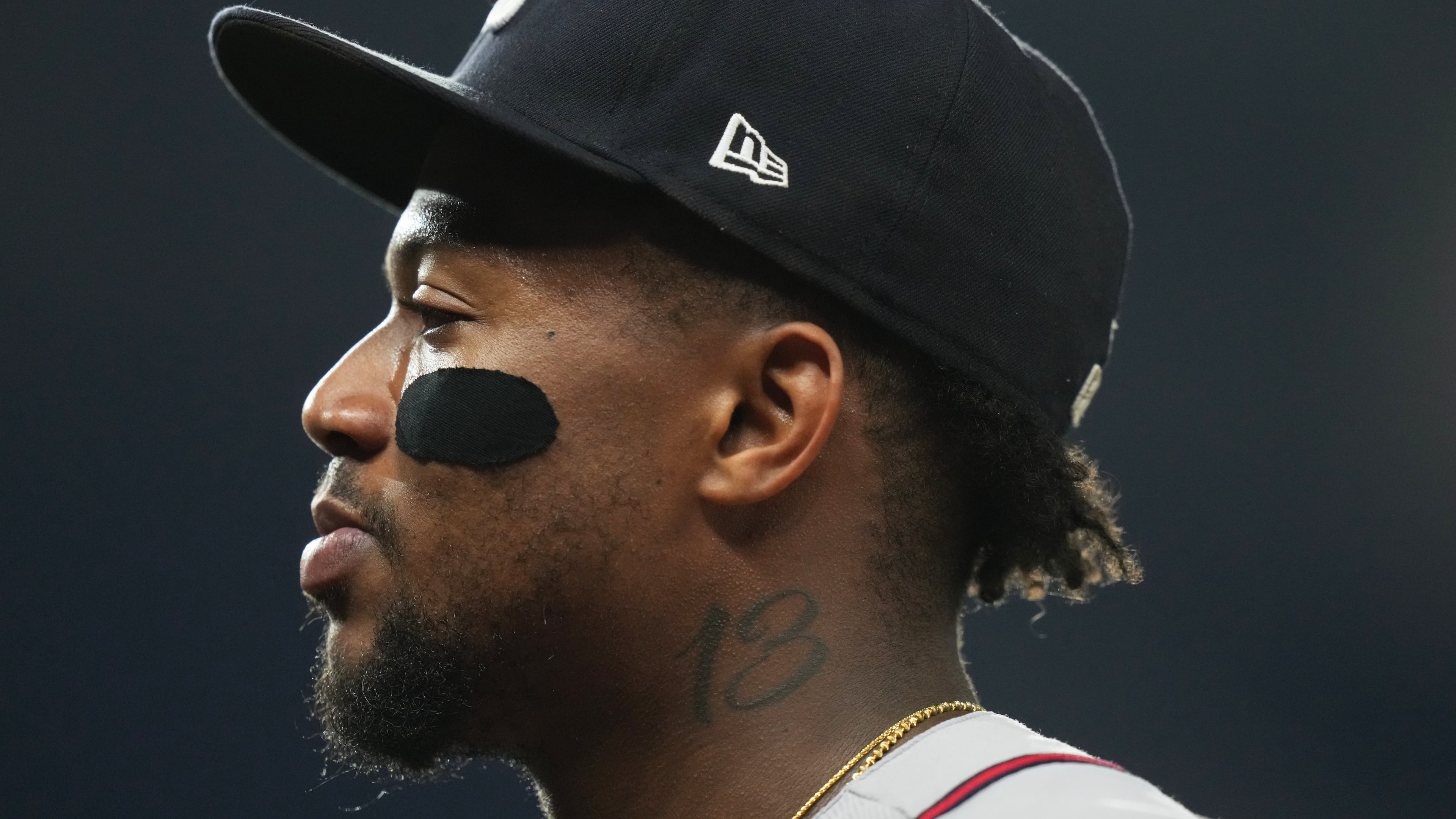Atlanta Braves right fielder Ronald Acuña walks to the dugout during the fourth inning of a baseball game against the Miami Marlins, Thursday, May 21, 2026, in Miami. (Lynne Sladky/AP)