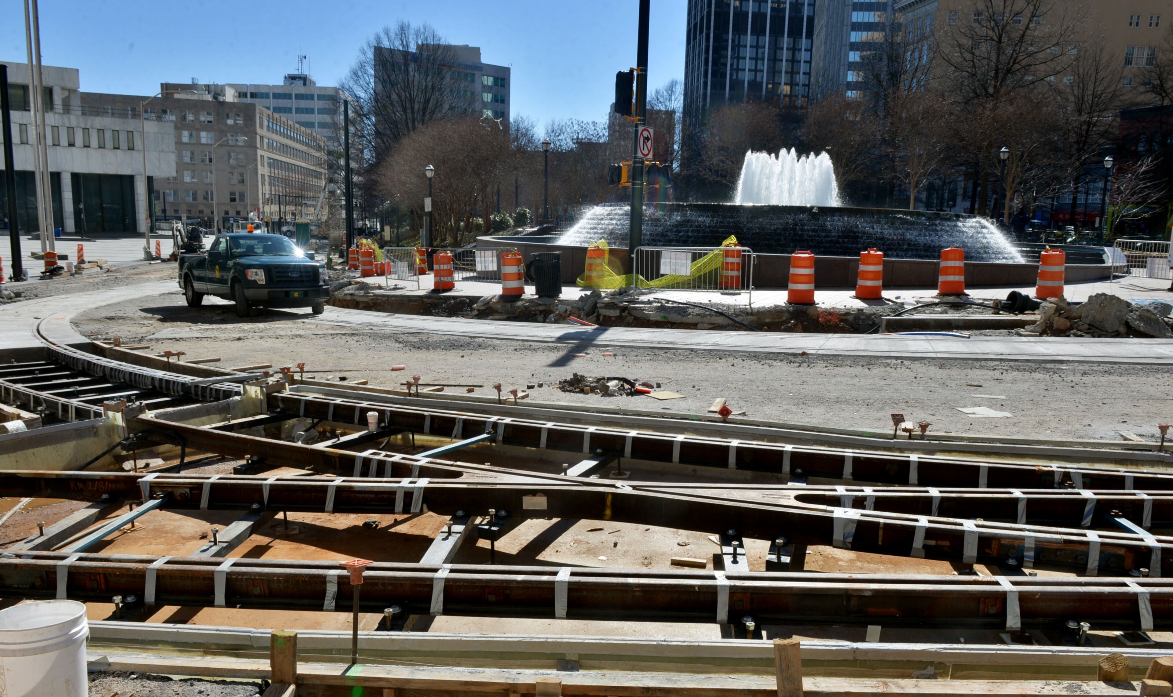 Trackwork still under construction along Auburn Ave near Woodruff Park. There will be two stops adjacent to the park. Photos along the route of the downtown streetcar, shot Thursday, February 27, 2014. Less than three months from the planned launch of the new Atlanta Streetcar service, the city has yet to decide who will operate and maintain it.