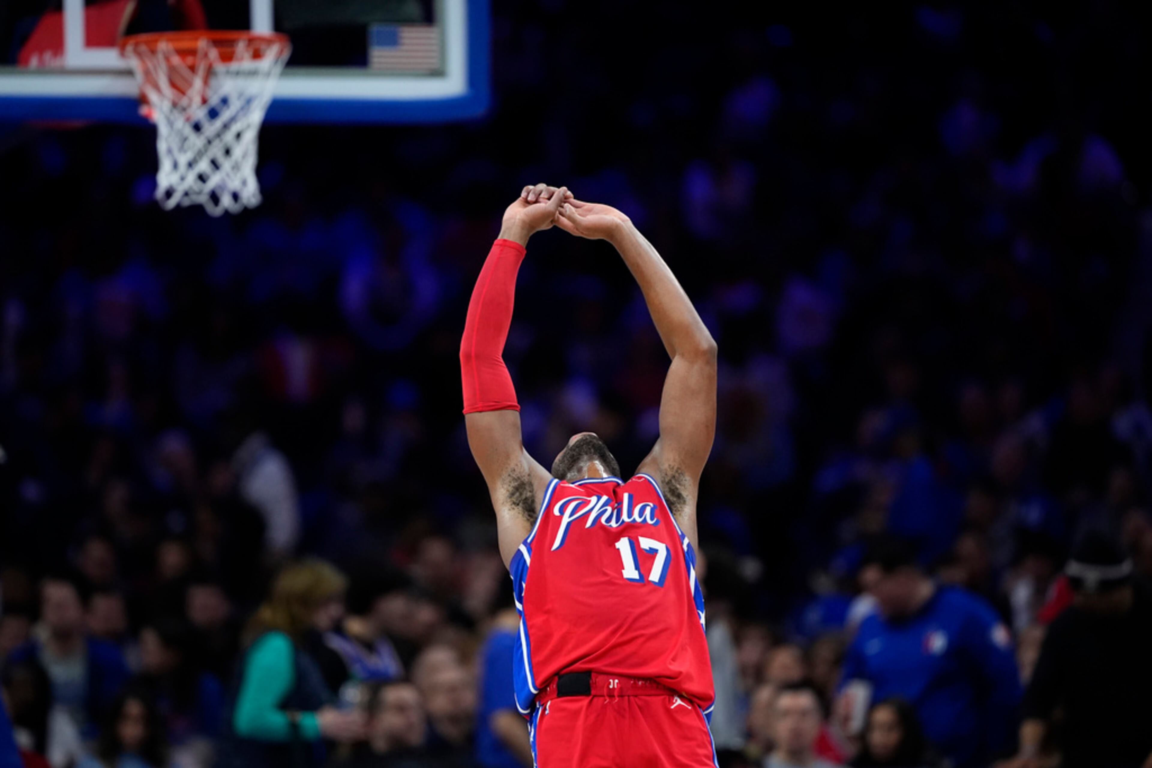 Philadelphia 76ers' Buddy Hield reacts after an errant pass during the second half of an NBA basketball game against the Atlanta Hawks, Friday, Feb. 9, 2024, in Philadelphia. (AP Photo/Matt Slocum)