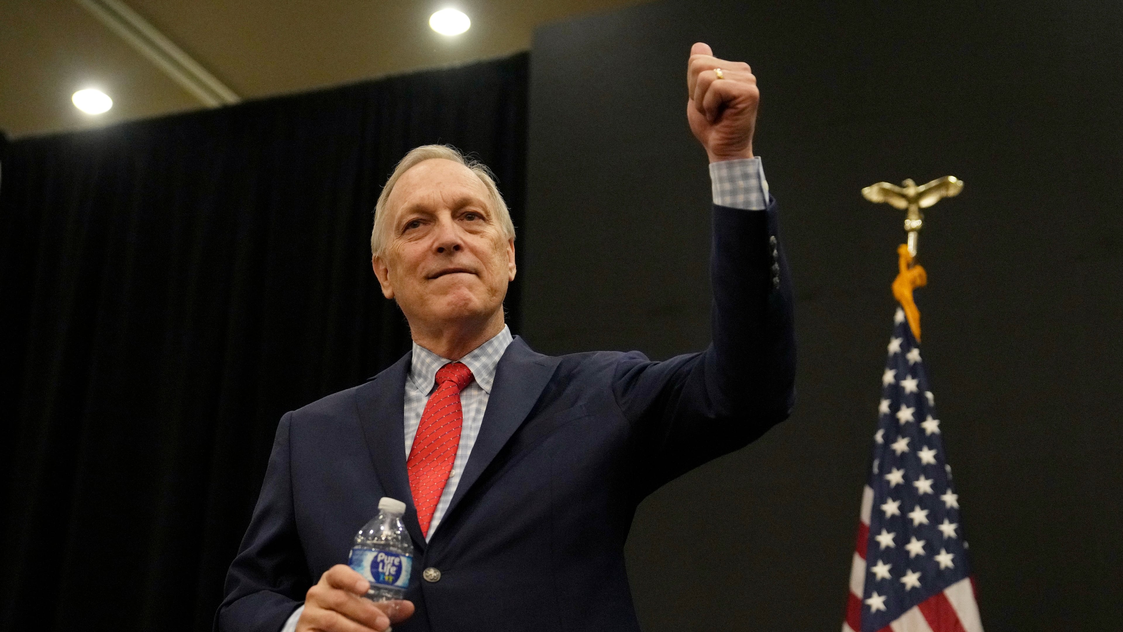 Rep. Andy Biggs, R-Ariz., who is running in the primary for Arizona governor, gives a thumbs up to supporters at a campaign event, Friday, July 17, 2026, in Gilbert, Ariz. (AP Photo/Ross D. Franklin)