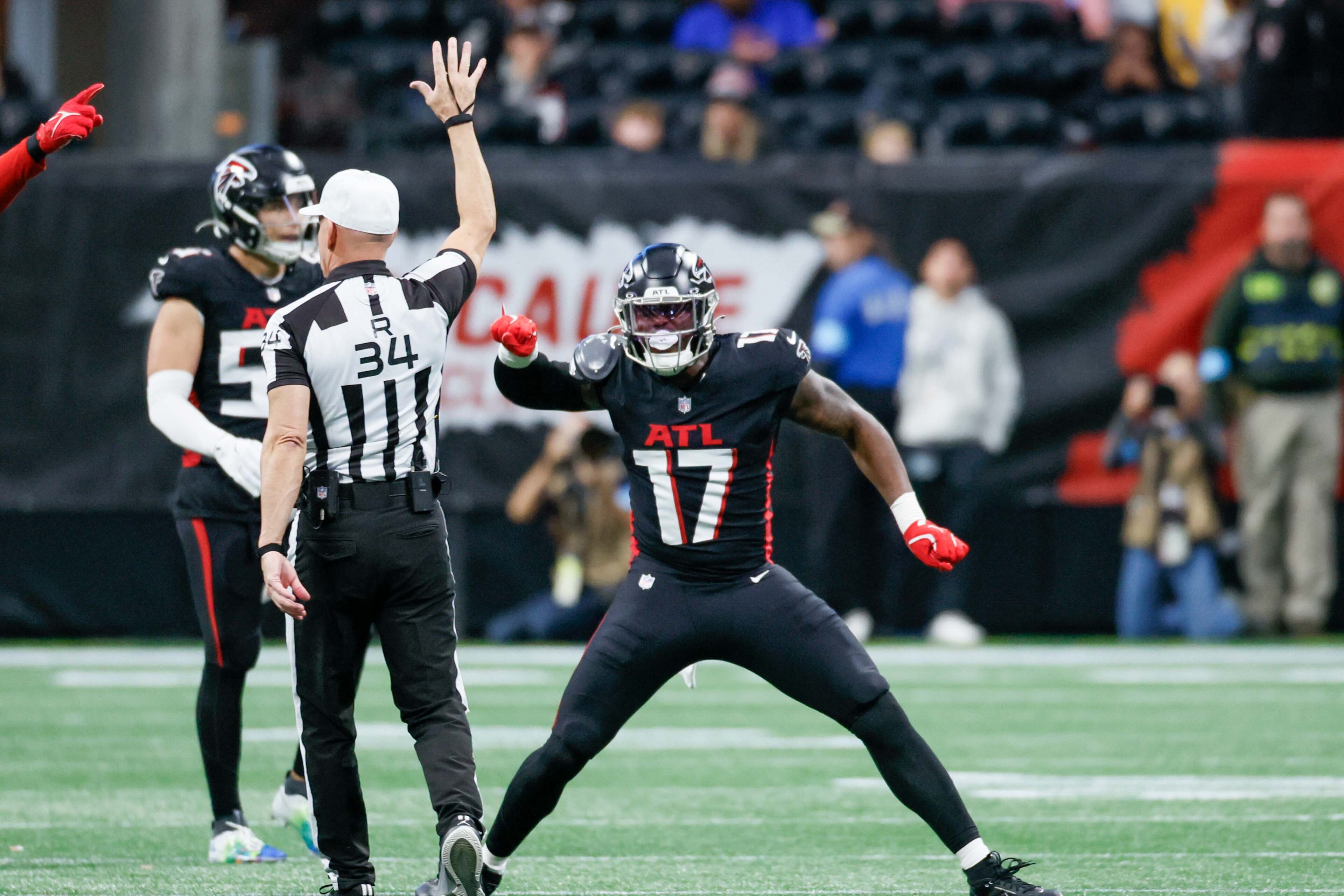 Atlanta Falcons linebacker Arnold Ebiketie reacts after sacking Los Angeles Chargers quarterback Justin Herbert during the first half of an NFL football game on Sunday, Dec. 1, 2024, at Mercedes-Benz Stadium in Atlanta.Â
(Miguel Martinez/ AJC)