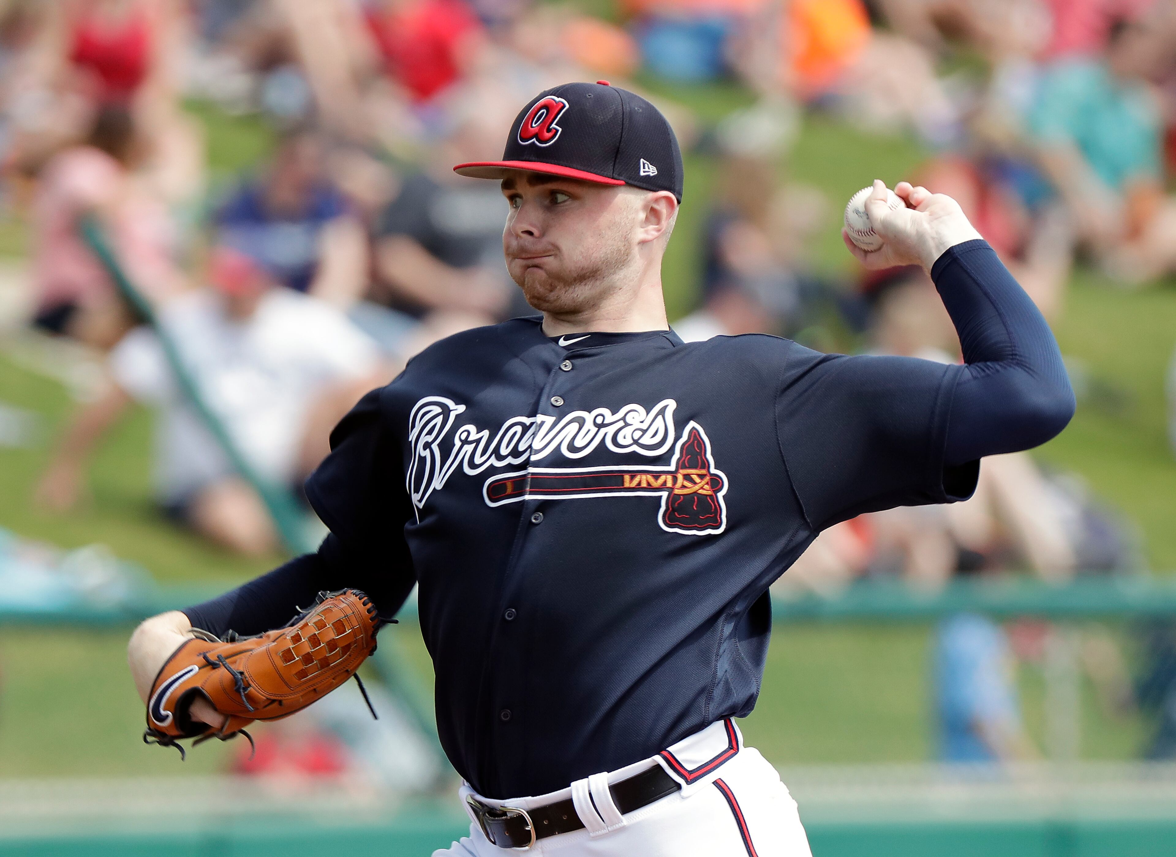 Atlanta Braves' Sean Newcomb pitches against the Miami Marlins in the second inning of a spring baseball exhibition game, Friday, March 15, 2019, in Kissimmee, Fla. (AP Photo/John Raoux)