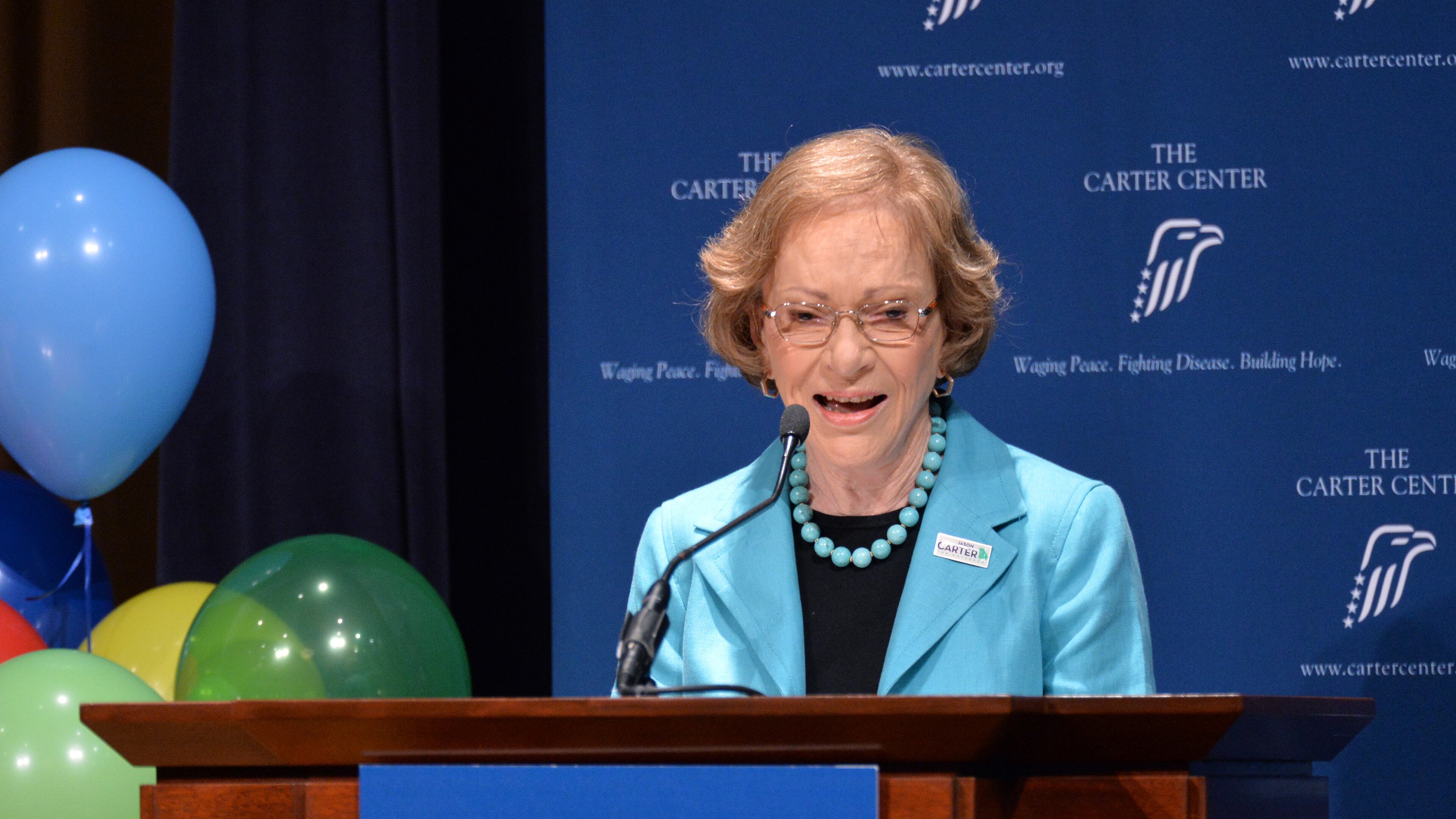 Former first lady Rosalynn Carter speaks during an dedication ceremony and 90th birthday celebration with staff and guests at the Day Chapel of the Ivan Allen III Pavilion at the Carter Center on Wednesday, October 1, 2014. HYOSUB SHIN / HSHIN@AJC.COM