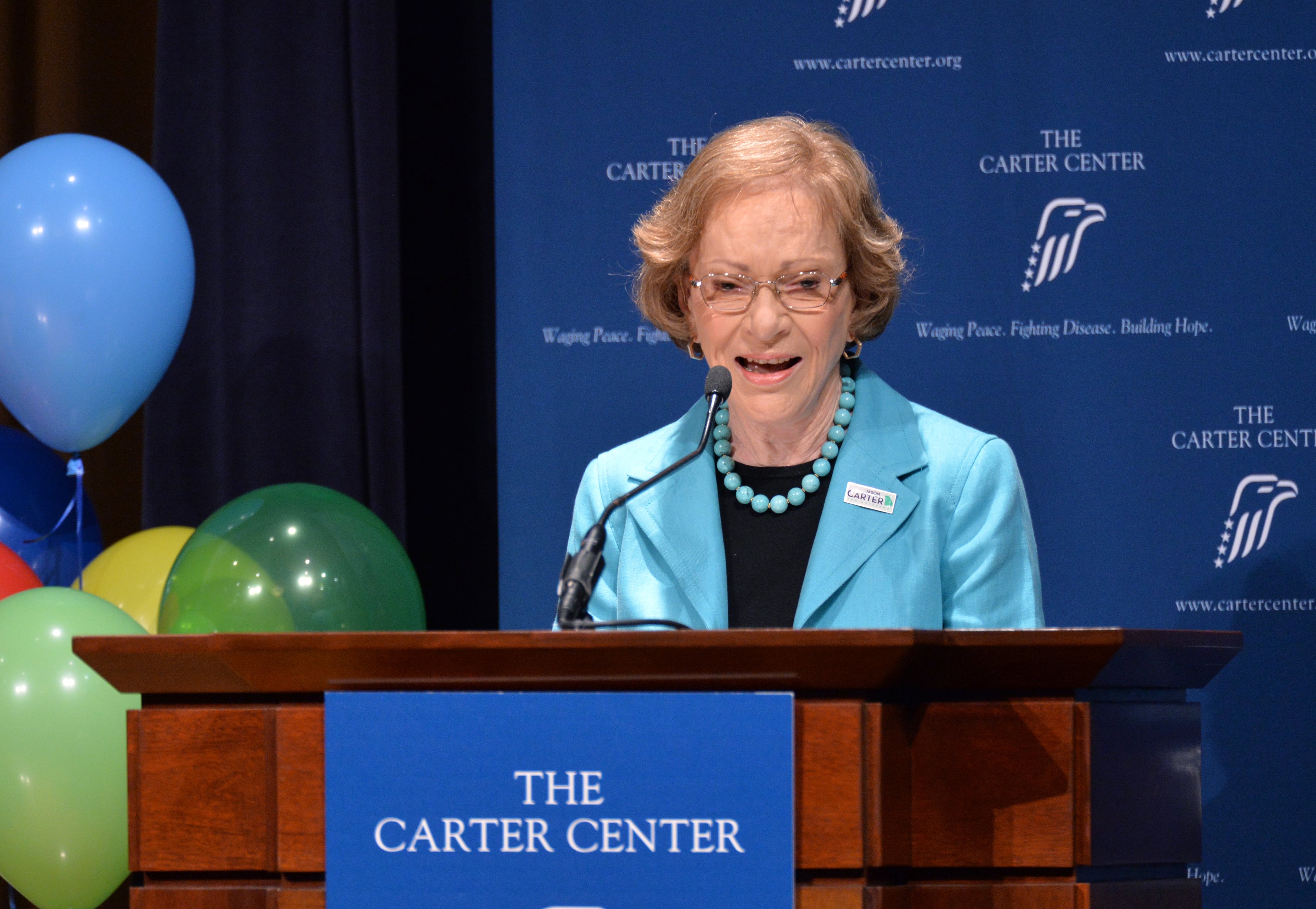 Former first lady Rosalynn Carter speaks during an dedication ceremony and 90th birthday celebration with staff and guests at the Day Chapel of the Ivan Allen III Pavilion at the Carter Center on Wednesday, October 1, 2014. HYOSUB SHIN / HSHIN@AJC.COM