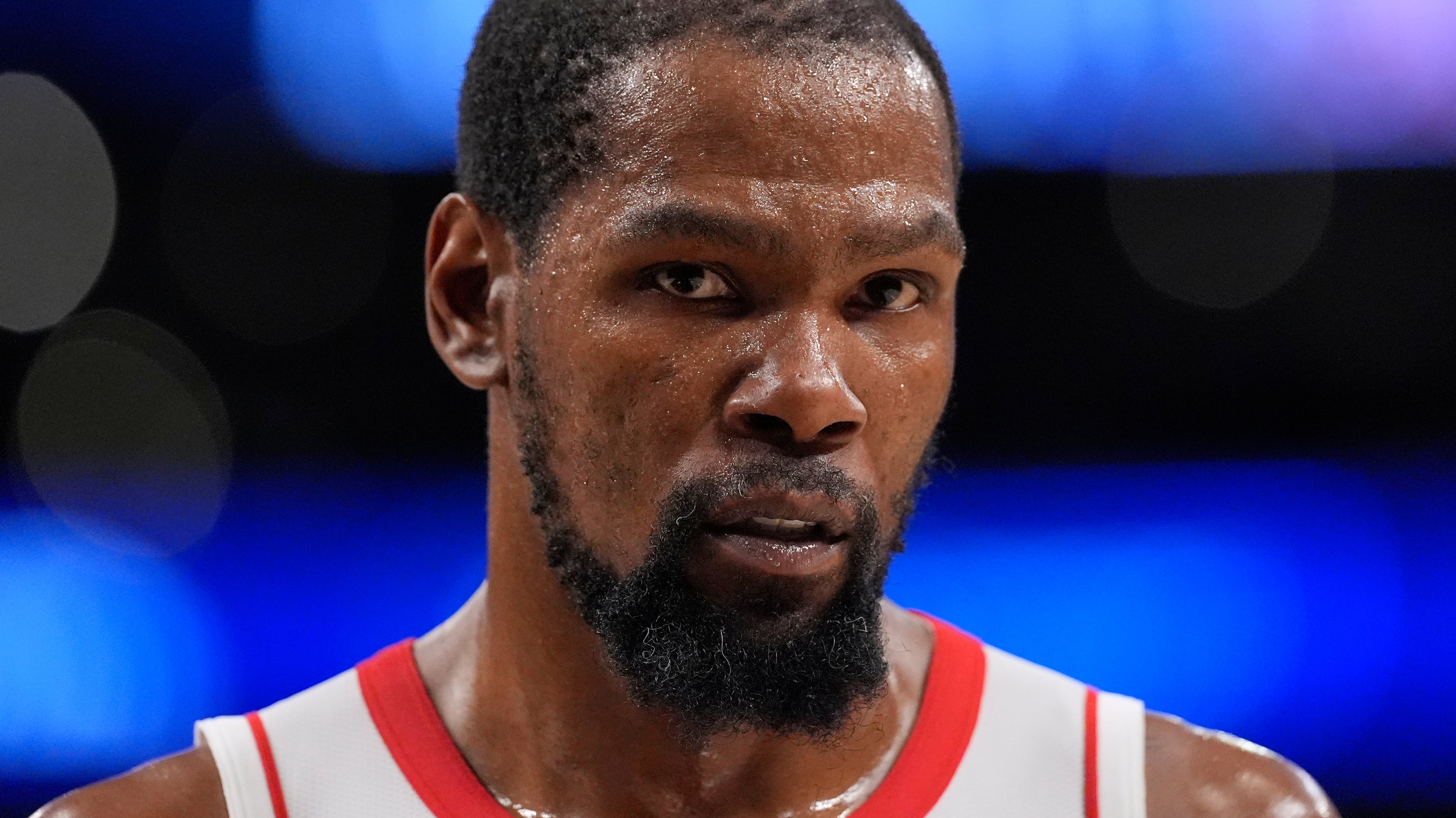 Houston Rockets forward Kevin Durant stands on the court during the second half in Game 2 of a first-round NBA playoffs basketball series against the Los Angeles Lakers, Tuesday, April 21, 2026, in Los Angeles. (AP Photo/Mark J. Terrill)