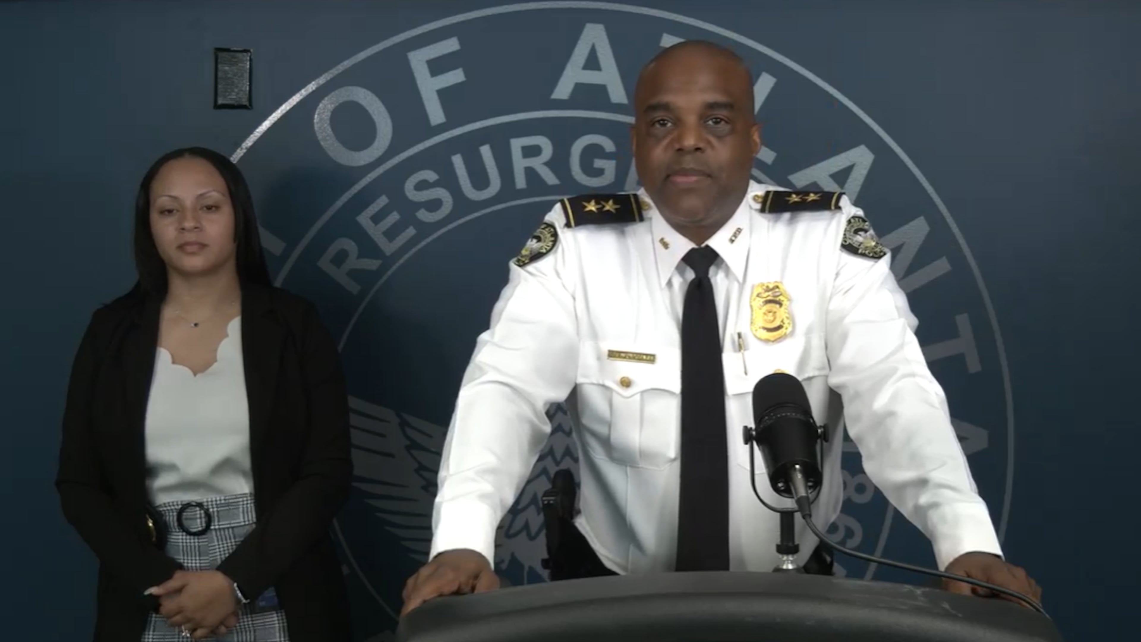 Atlanta police Deputy Chief Charles Hampton Jr. and Detective Desire Hulse ask the public for help in solving a triple homicide that happened Aug. 22, 2021.