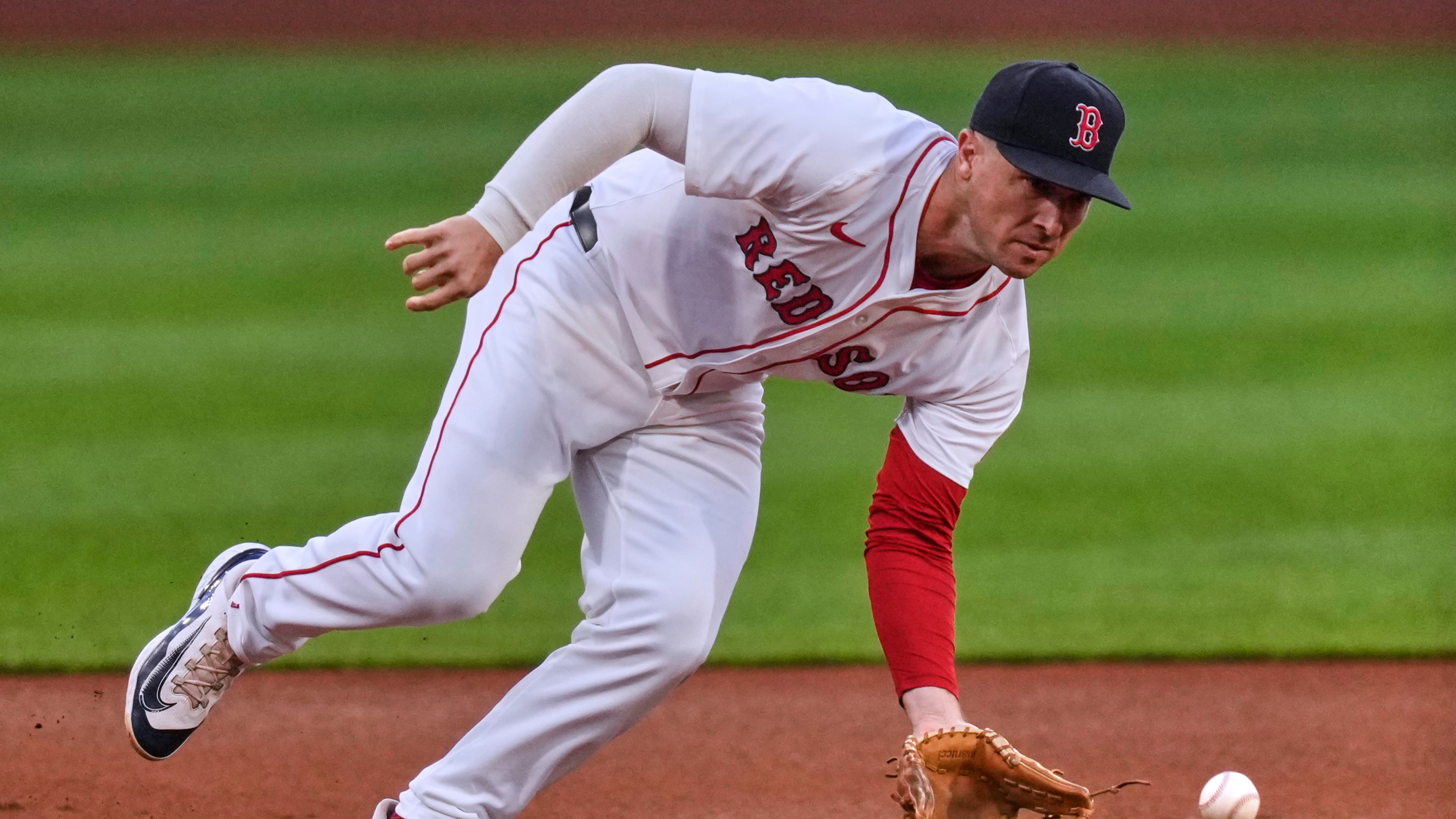 FILE - Boston Red Sox third baseman Alex Bregman fields a groundout hit by Baltimore Orioles' Jordan Westburg during the first inning of a baseball game at Fenway Park, on Aug. 18, 2025, in Boston. (AP Photo/Charles Krupa, File)