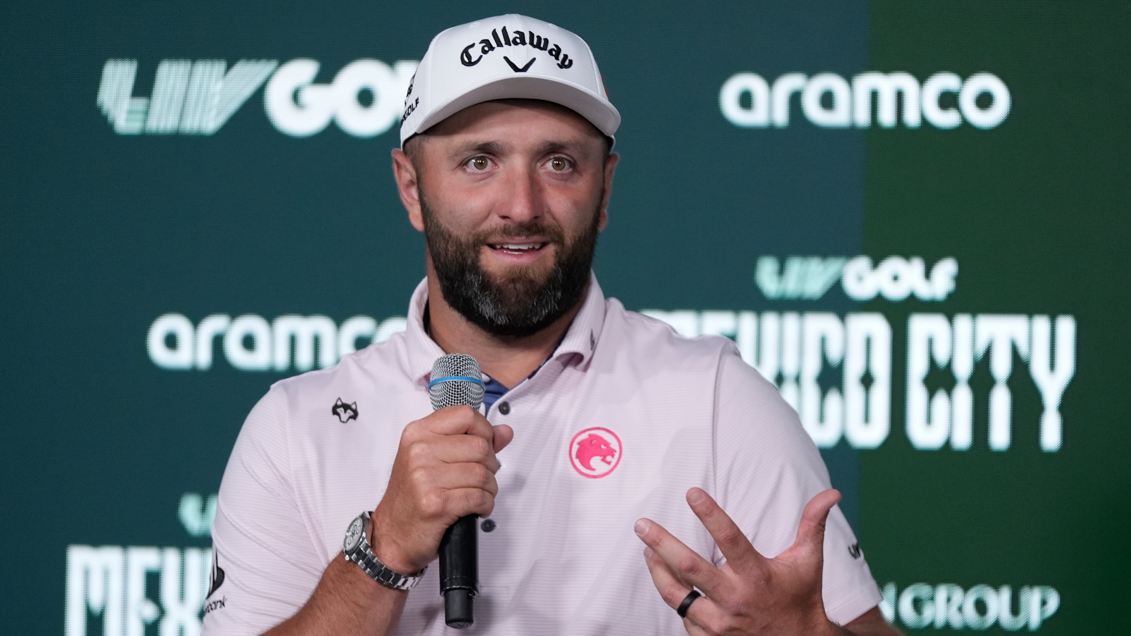 Captain Jon Rahm of Legion XIII speaks after the first round of the LIV Golf tournament in Naucalpan on the outskirts of Mexico City, Thursday, April 16, 2026. (AP Photo/Fernando Llano)