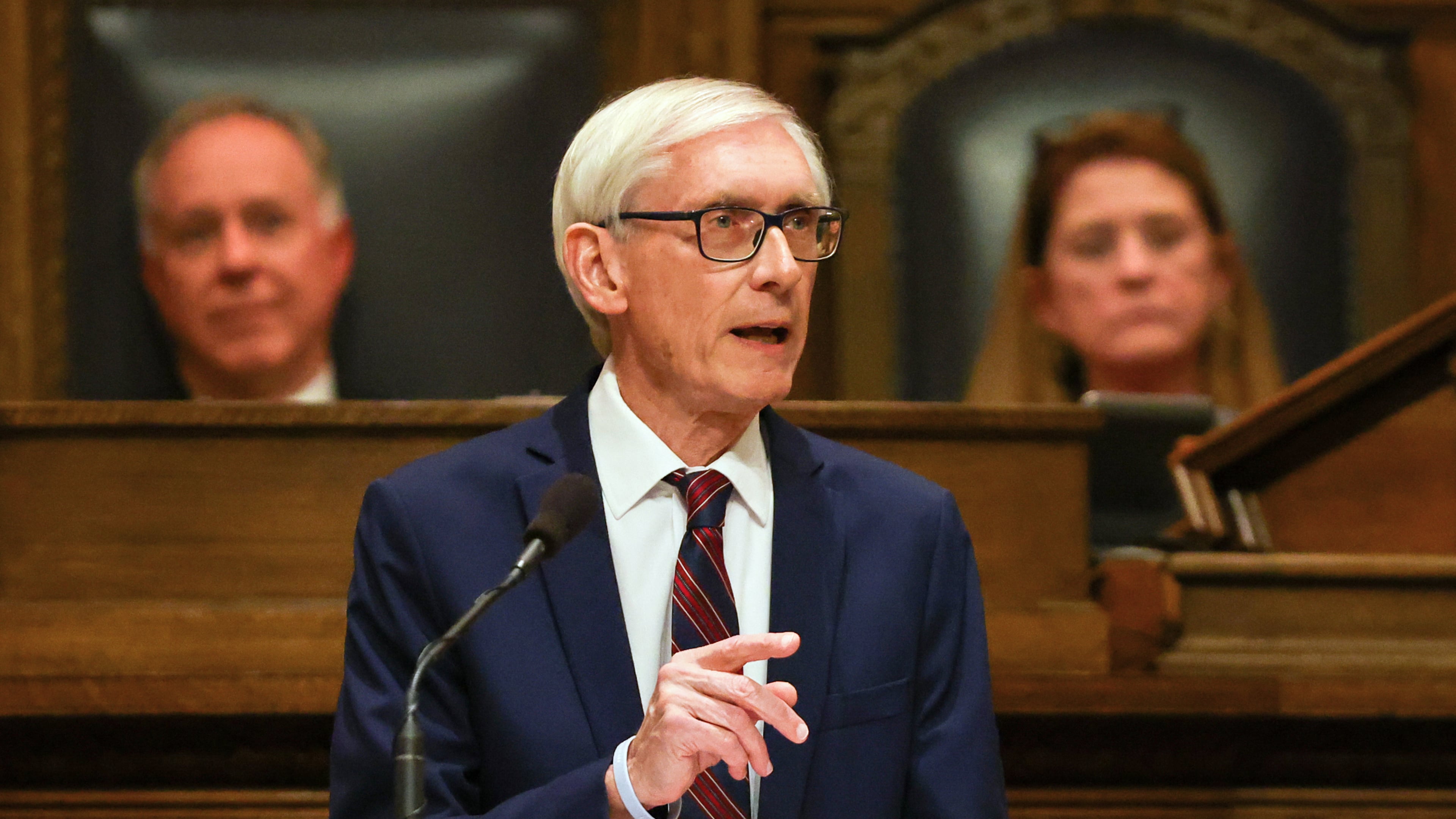 FILE - Wisconsin Gov. Tony Evers delivers his State of the State address at the Wisconsin State Capitol, Feb. 17, 2026, in Madison, Wis. (Owen Ziliak/Wisconsin State Journal via AP, File)