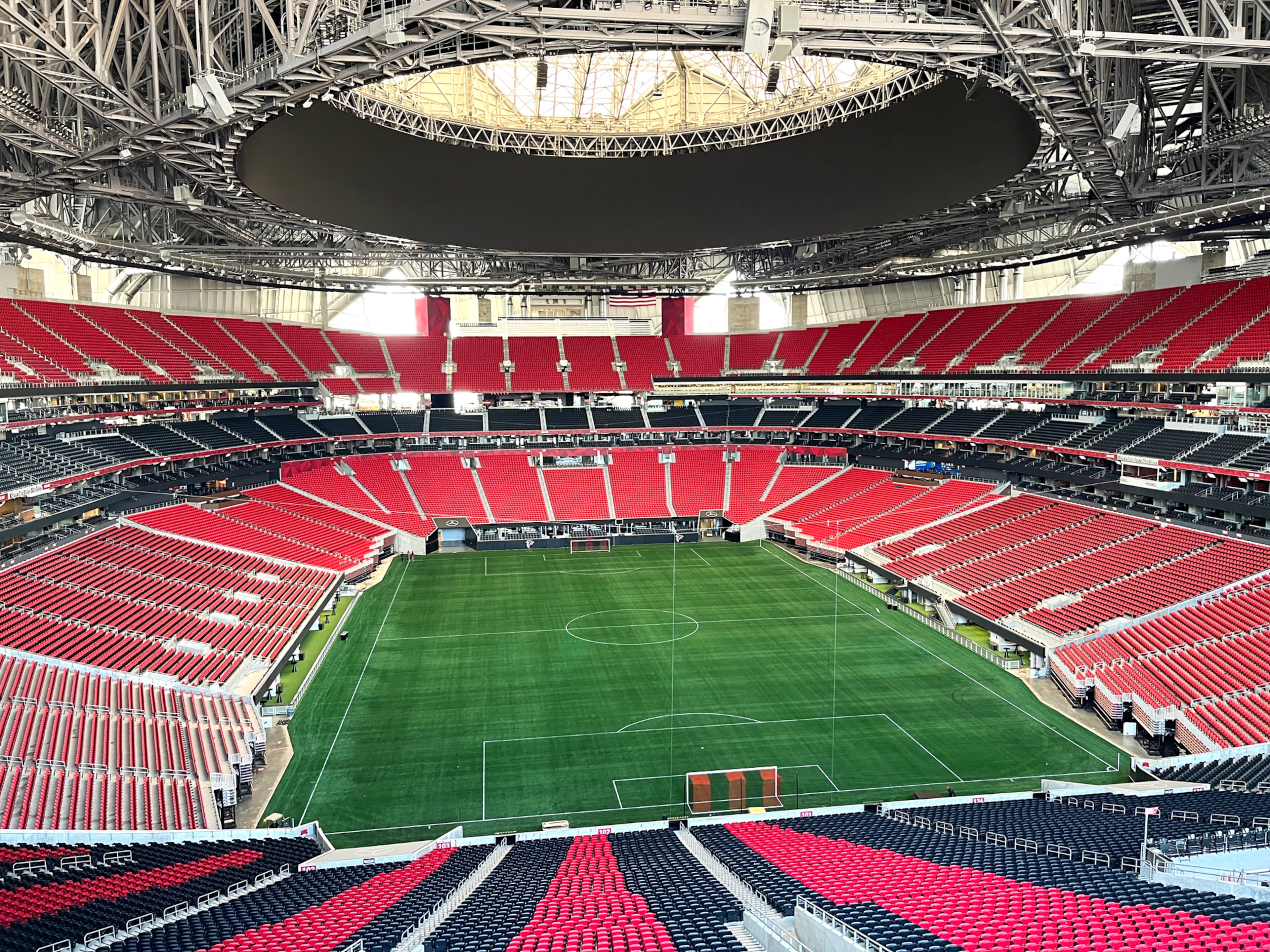 The new artificial-turf playing surface at Mercedes-Benz Stadium is in place. (AMBSE photo)