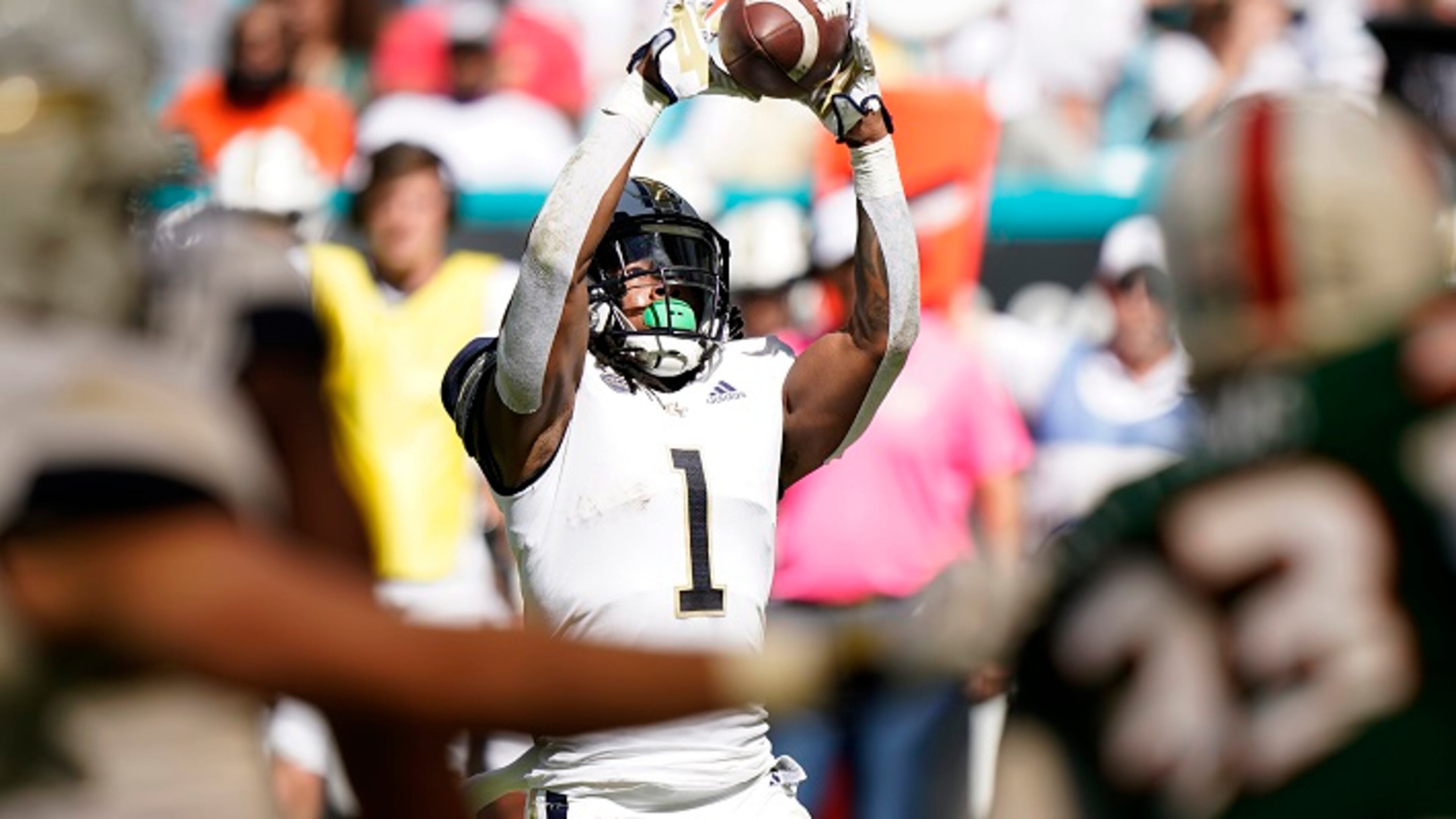Georgia Tech running back Jahmyr Gibbs (1) catches a pass during the first half of an NCAA college football game against Miami, Saturday, Nov. 6, 2021, in Miami Gardens, Fla. (AP Photo/Wilfredo Lee)
