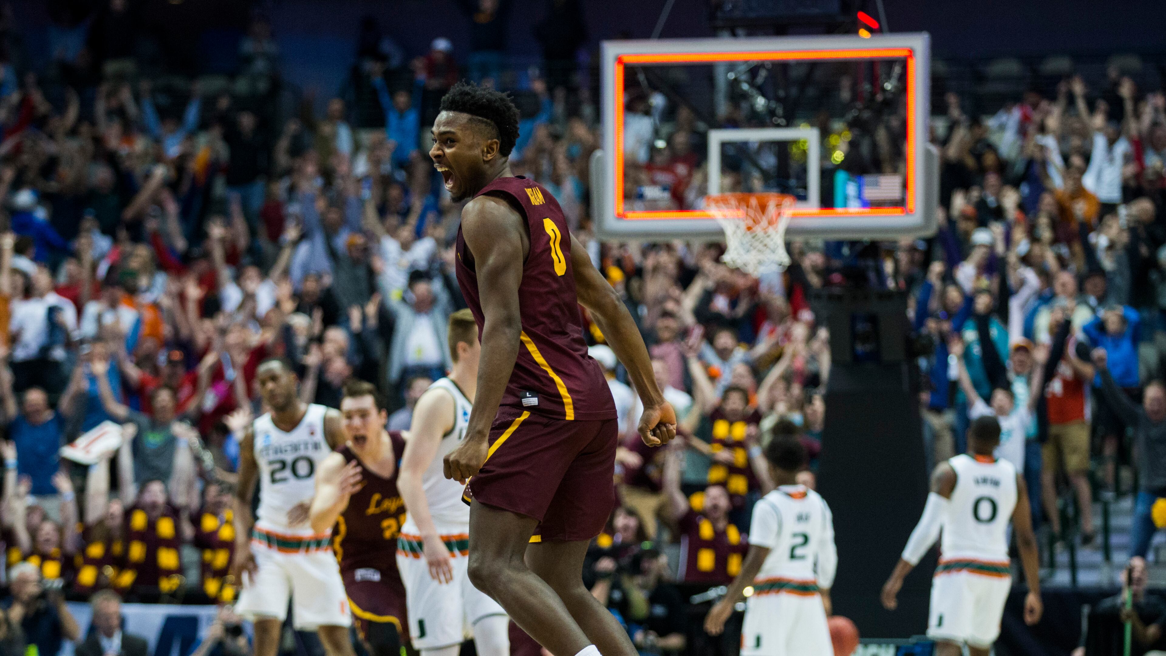 Loyola’s Donte Ingram (0) celebrates after making the game-winning shot during the second half against Miami in the first round of the NCAA Tournament on Thursday, March 15, 2018, at the American Airlines Center in Dallas. Loyola advanced, 64-62. (Ashley Landis/Dallas Morning News/TNS)