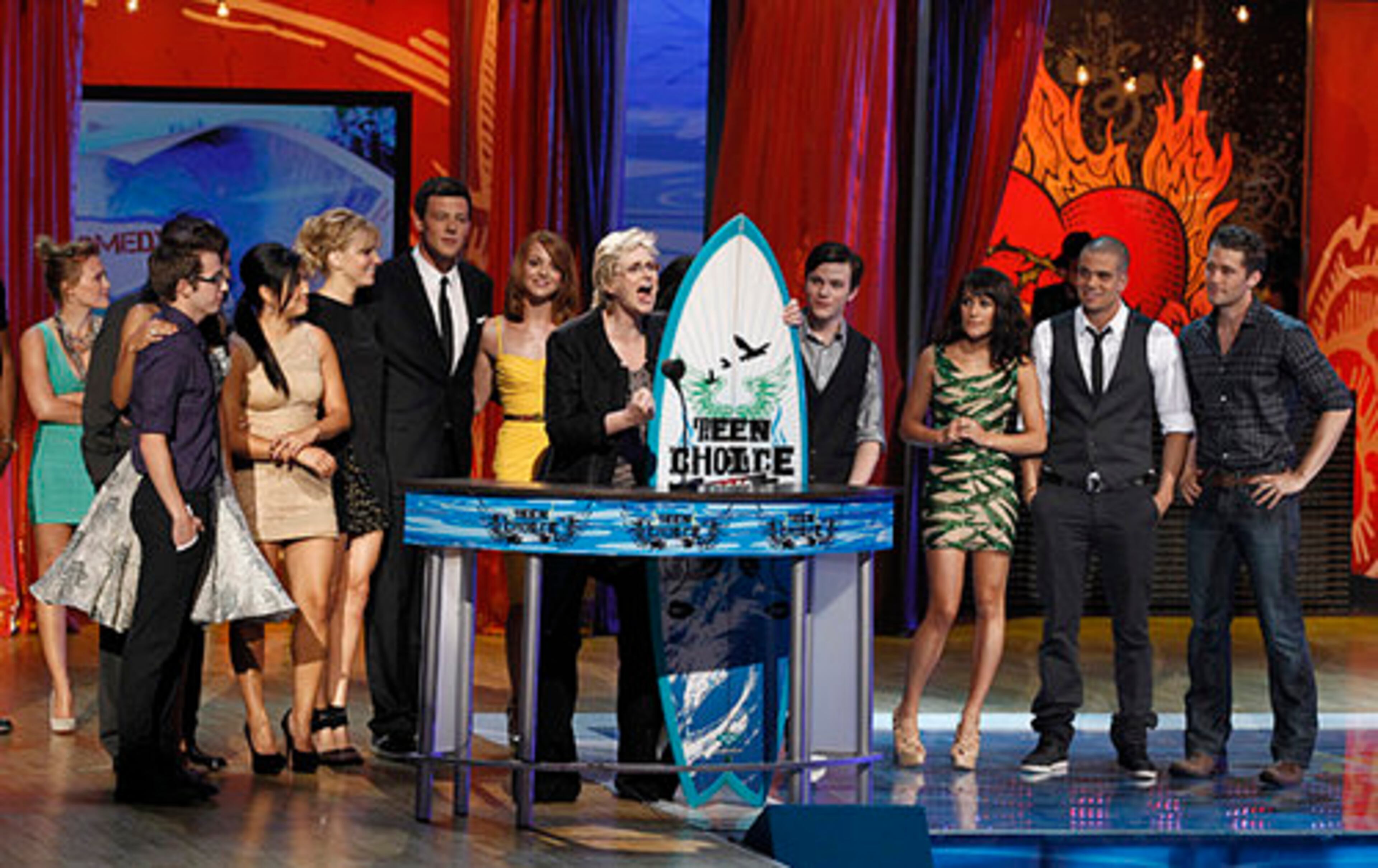 The cast of "Glee" accept the Choice TV Comedy award at the Teen Choice Awards on Sunday in Los Angeles. The Fox musical show was a big winner at the awards. Another big winner: The vampire genre.