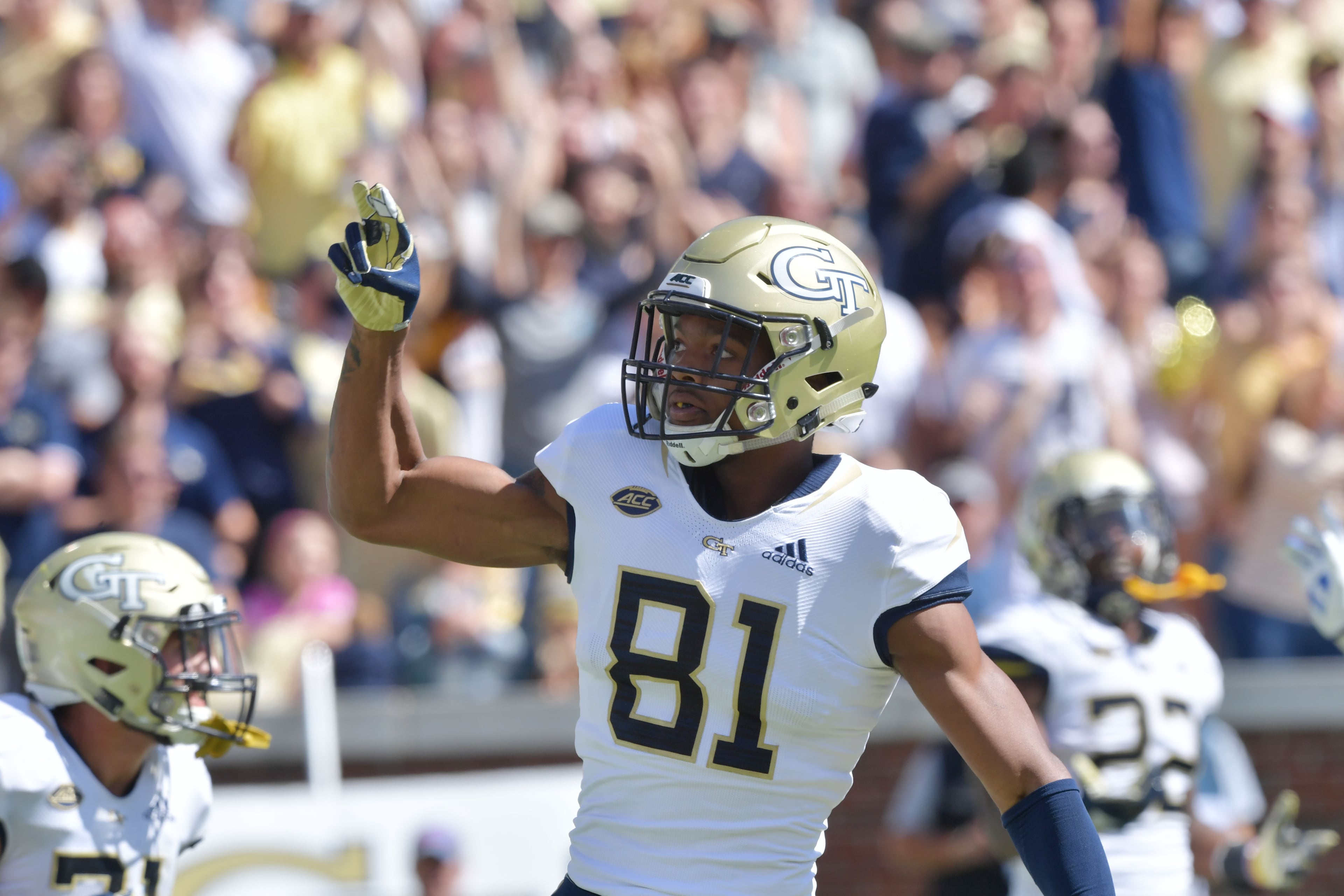 October 13, 2018 Atlanta - Georgia Tech wide receiver Malachi Carter (81) celebrates after he scored a touchdown pass in the first half at Bobby Dodd Stadium on October 13, 2018. HYOSUB SHIN / HSHIN@AJC.COM