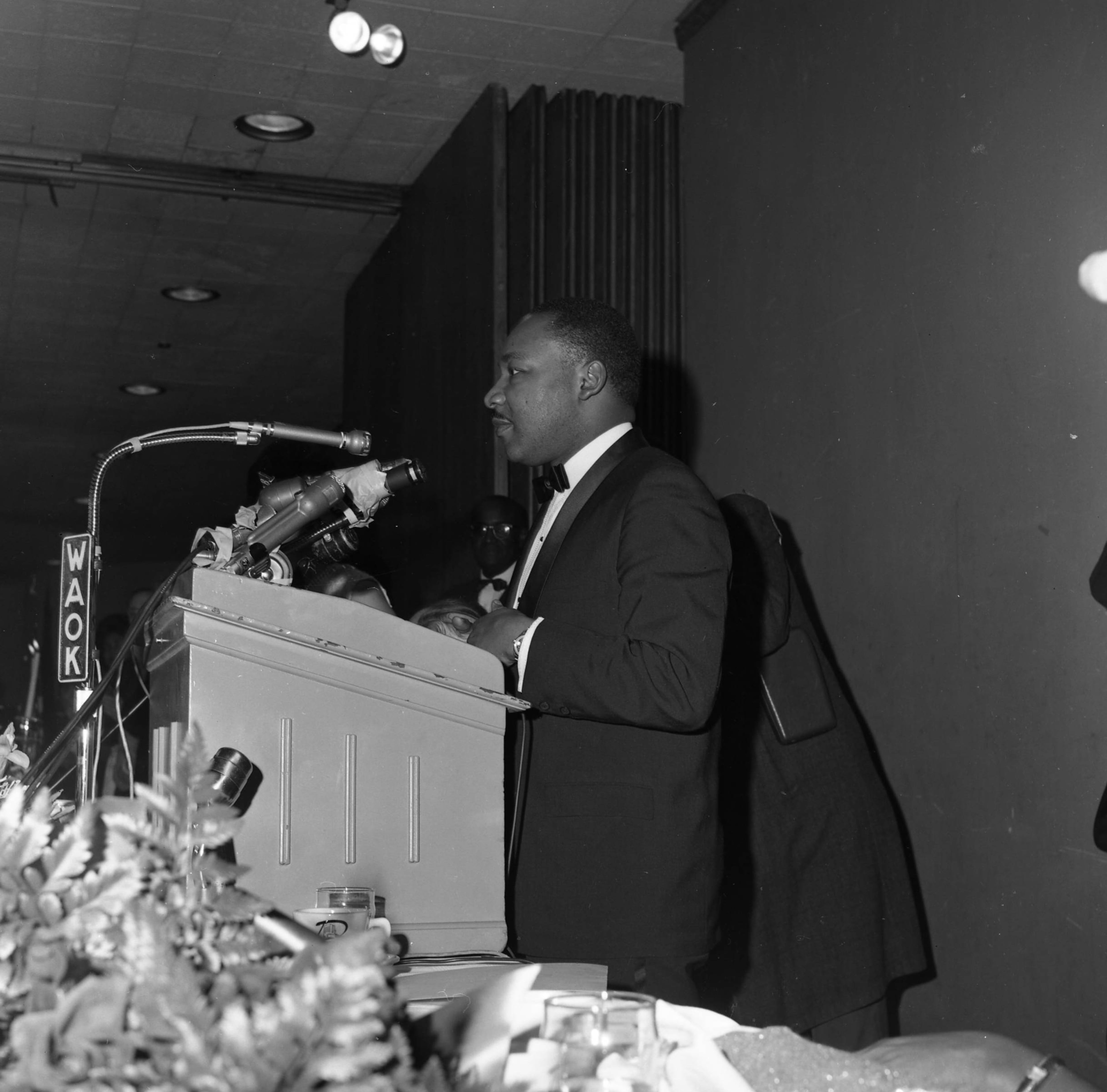 Martin Luther King, Jr. speaks at his Nobel Peace Prize recognition dinner, National Conference of Christians and Jews, Dinkler Plaza Hotel, Atlanta, Georgia, January 27, 1965. LBSCB12-120mmm, Lane Brothers Commercial Photographers Photographic Collection, 1920-1976. Special Collections and Archives, Georgia State University Library.