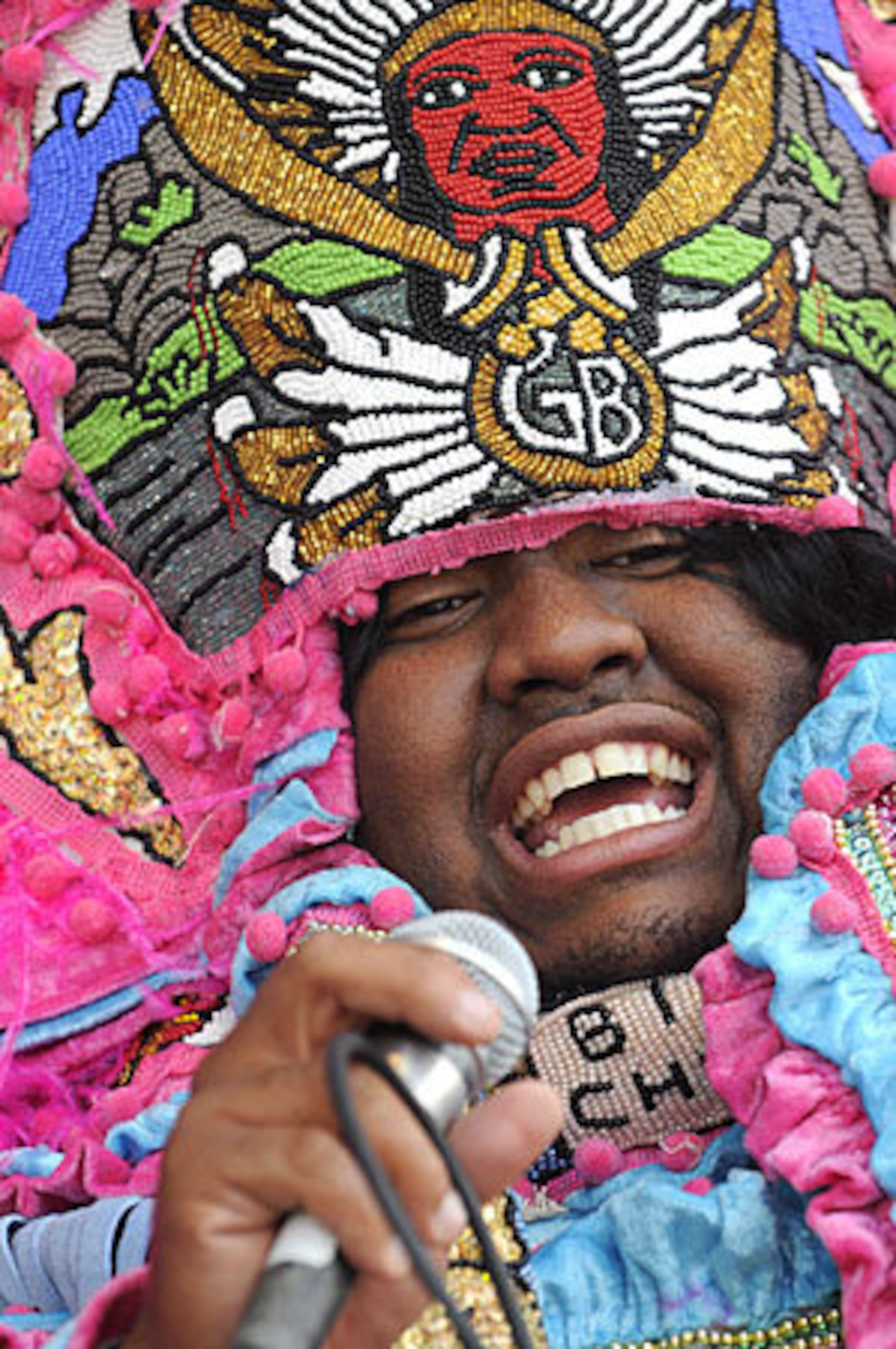 A member of the Golden Blad Mardi Gras Indian band performs at the New Orleans Jazz and Heritage Festival.