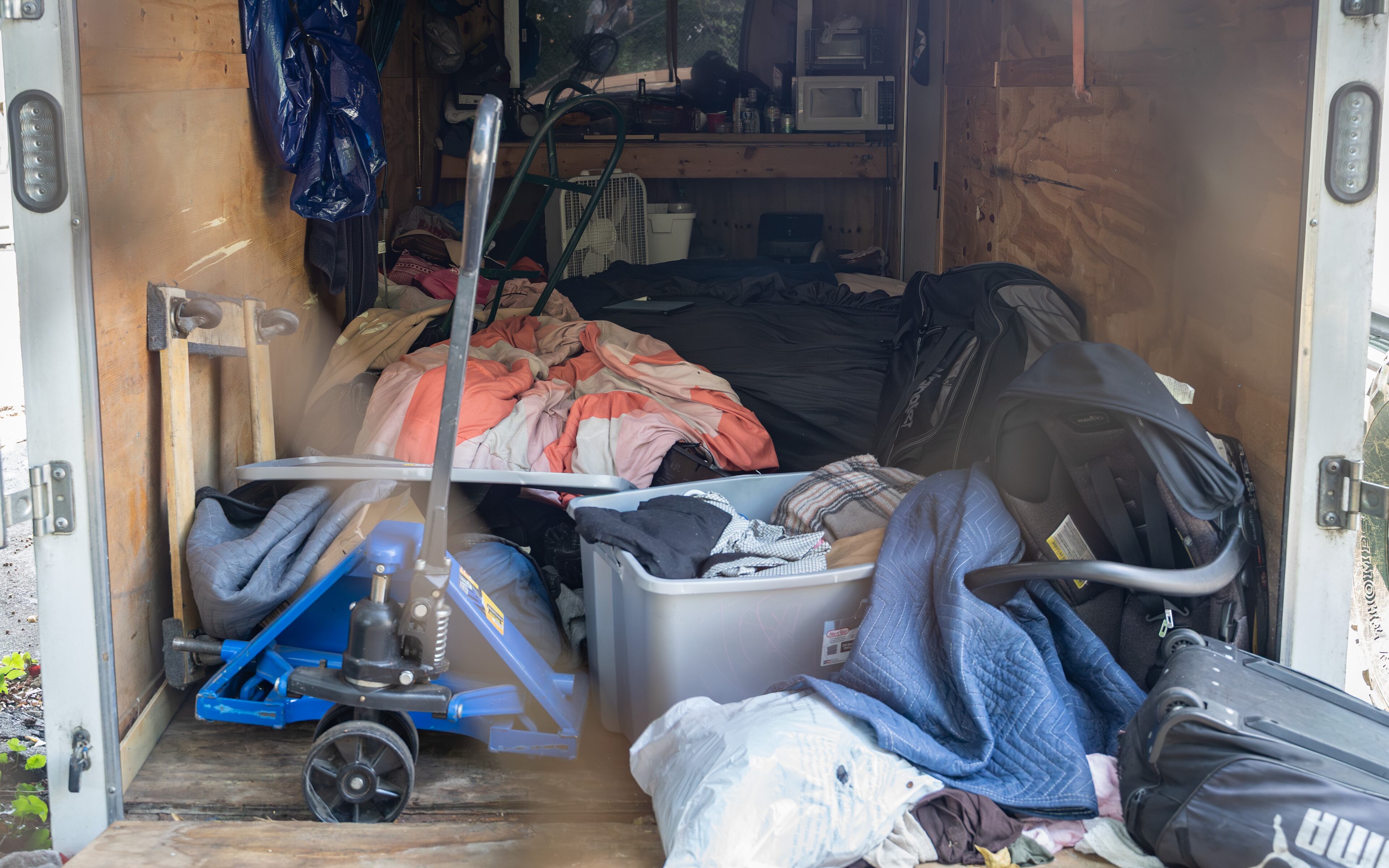 Inside the tow trailer where Atlanta police officers found the two kidnapped children. The warrant says the trailer was "unclean and unsuitable for human habitation." (Ben Hendren for the AJC)