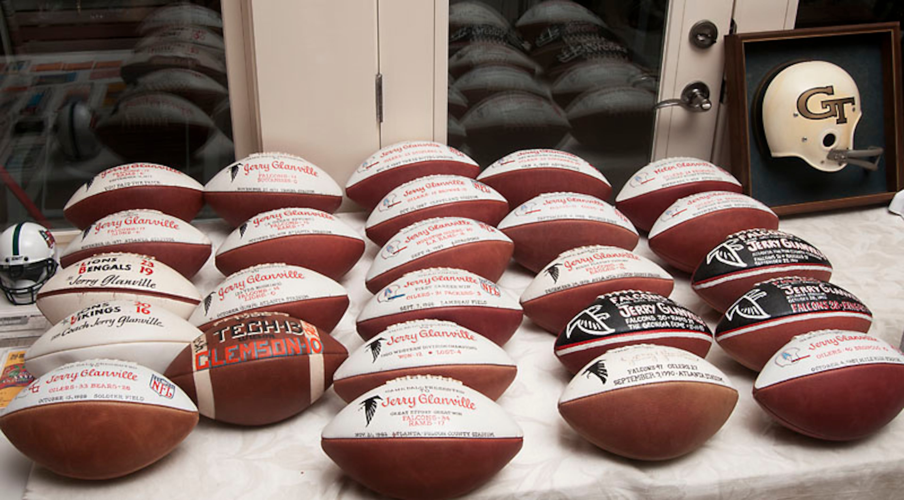 Jerry Glanville's collection includes game balls from the Atlanta Falcons, Houston Oilers, Georgia Tech, among other teams. Glanville, 72, last coached Portland State in 2009. Donna Davis Estate Sales in Dawsonville is handling the sale, which is open to the public from May 15 to May 17.