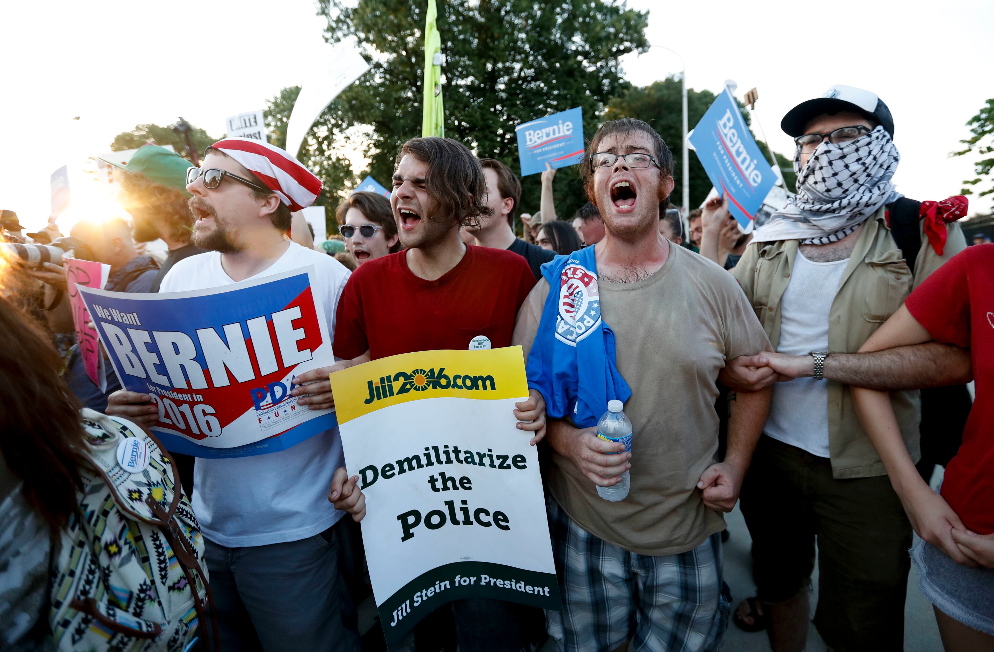 Protesters march near the AT&T Station in Philadelphia, Tuesday, July 26, 2016, during the second day of the Democratic National Convention. (AP Photo/Alex Brandon)