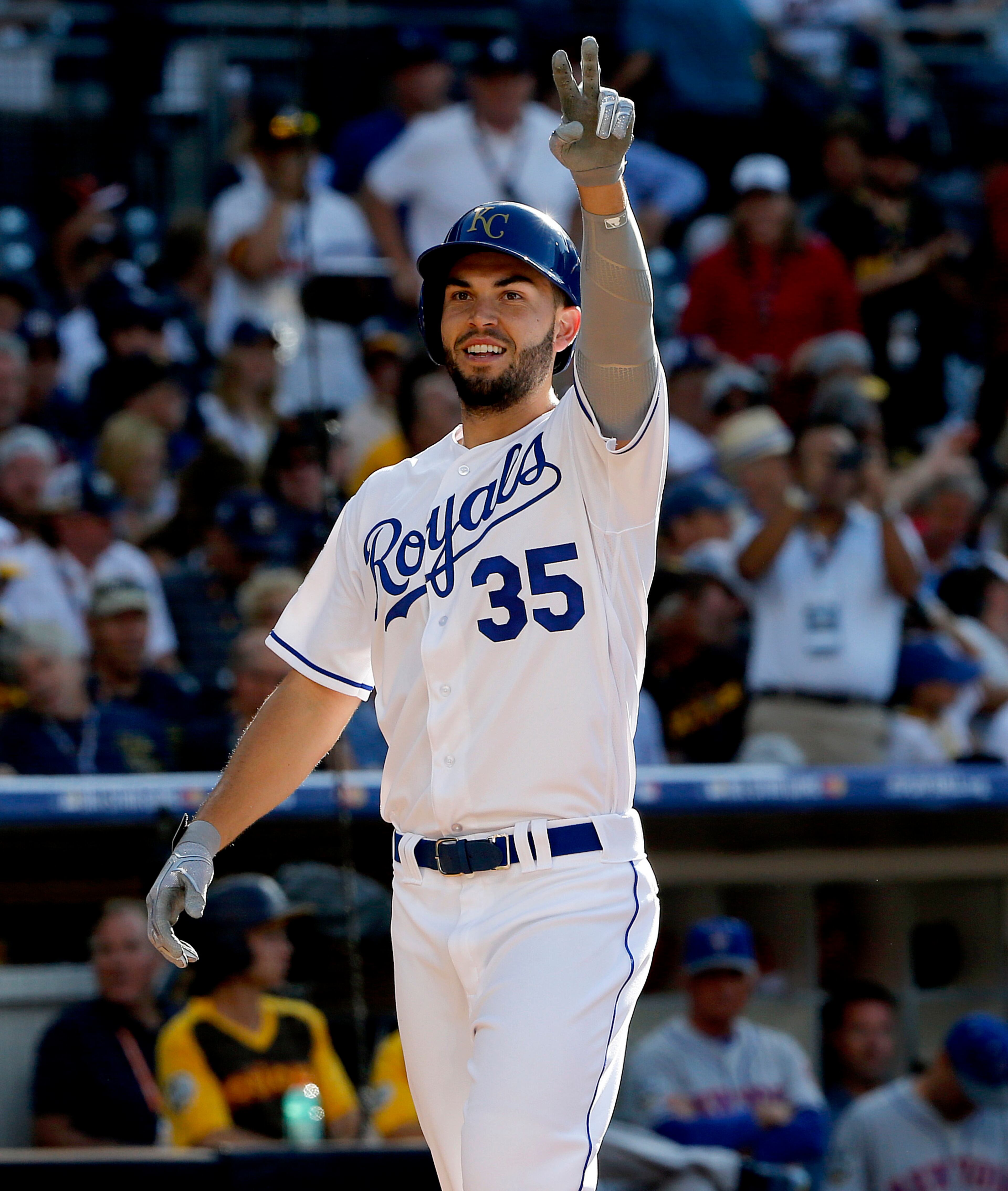 American League's Eric Hosmer, of the Kansas City Royals, celebrates his solo home run against the National League during the second inning of the MLB baseball All-Star Game, Tuesday, July 12, 2016, in San Diego. (AP Photo/Lenny Ignelzi)