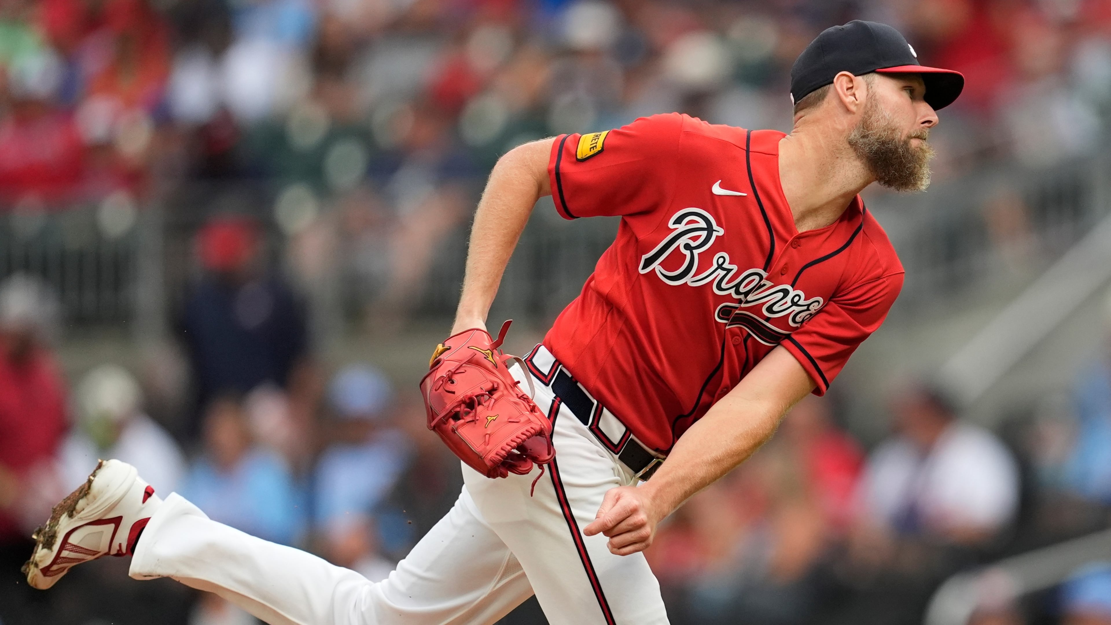 Atlanta Braves pitcher Chris Sale (51) works in the first inning of a baseball game against the Texas Rangers, Friday, July 17, 2026, in Atlanta. (AP Photo/Mike Stewart)