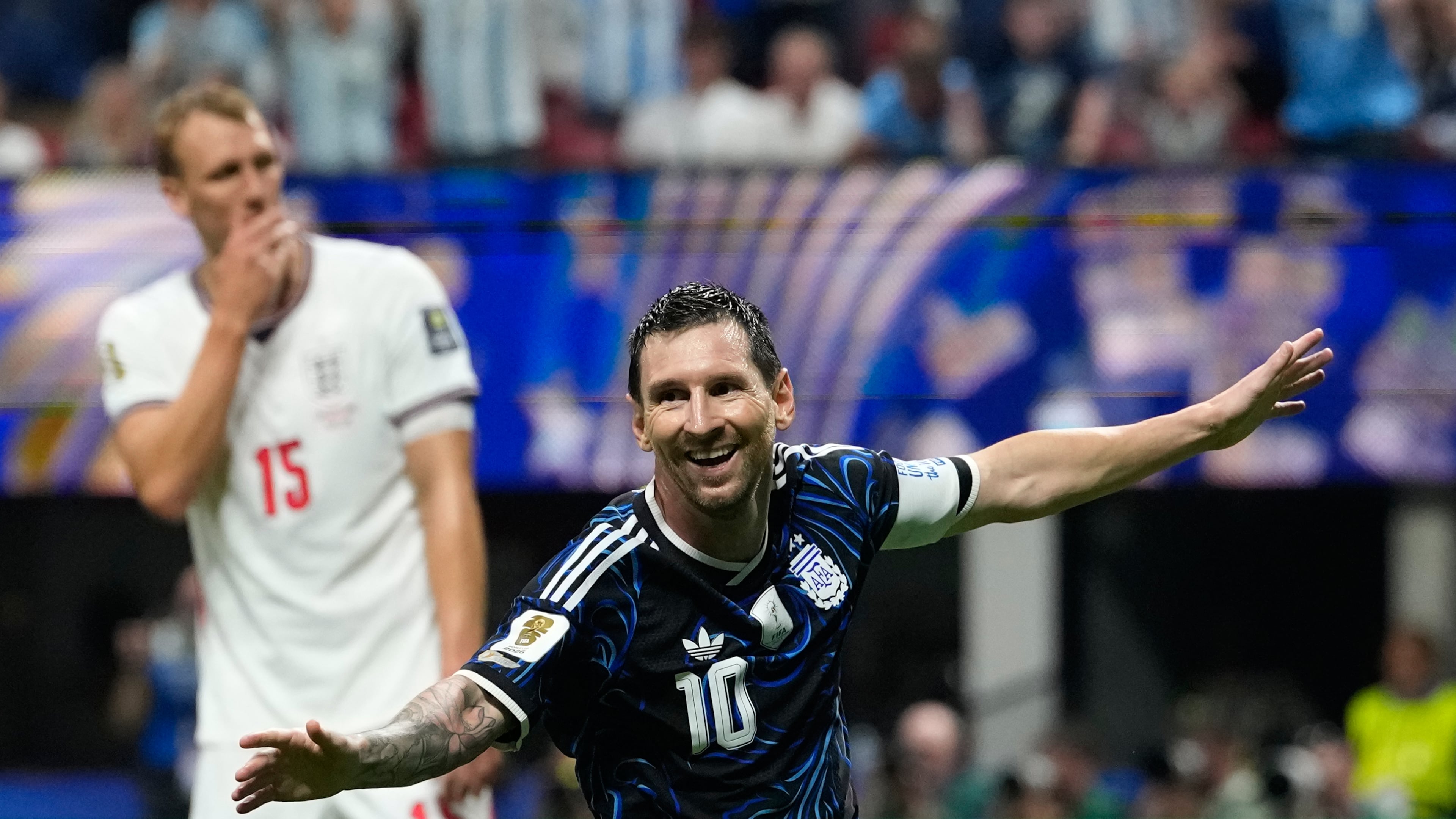 Argentina's Lionel Messi celebrates after teammate Enzo Fernandez scored their side's first goal during the World Cup semifinal soccer match between England and Argentina in Atlanta, Wednesday, July 15, 2026. (AP Photo/Rebecca Blackwell)