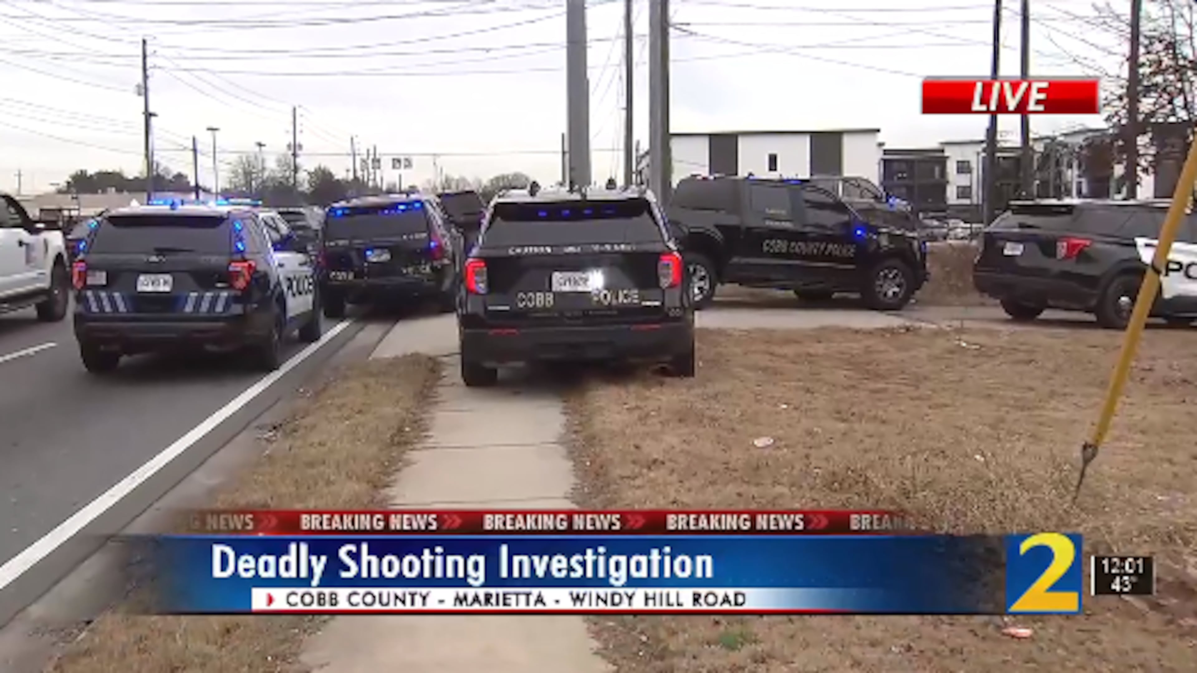 Marietta police are searching for a suspect in a deadly shooting near Windy Hill Road and Cobb Parkway on Wednesday afternoon.