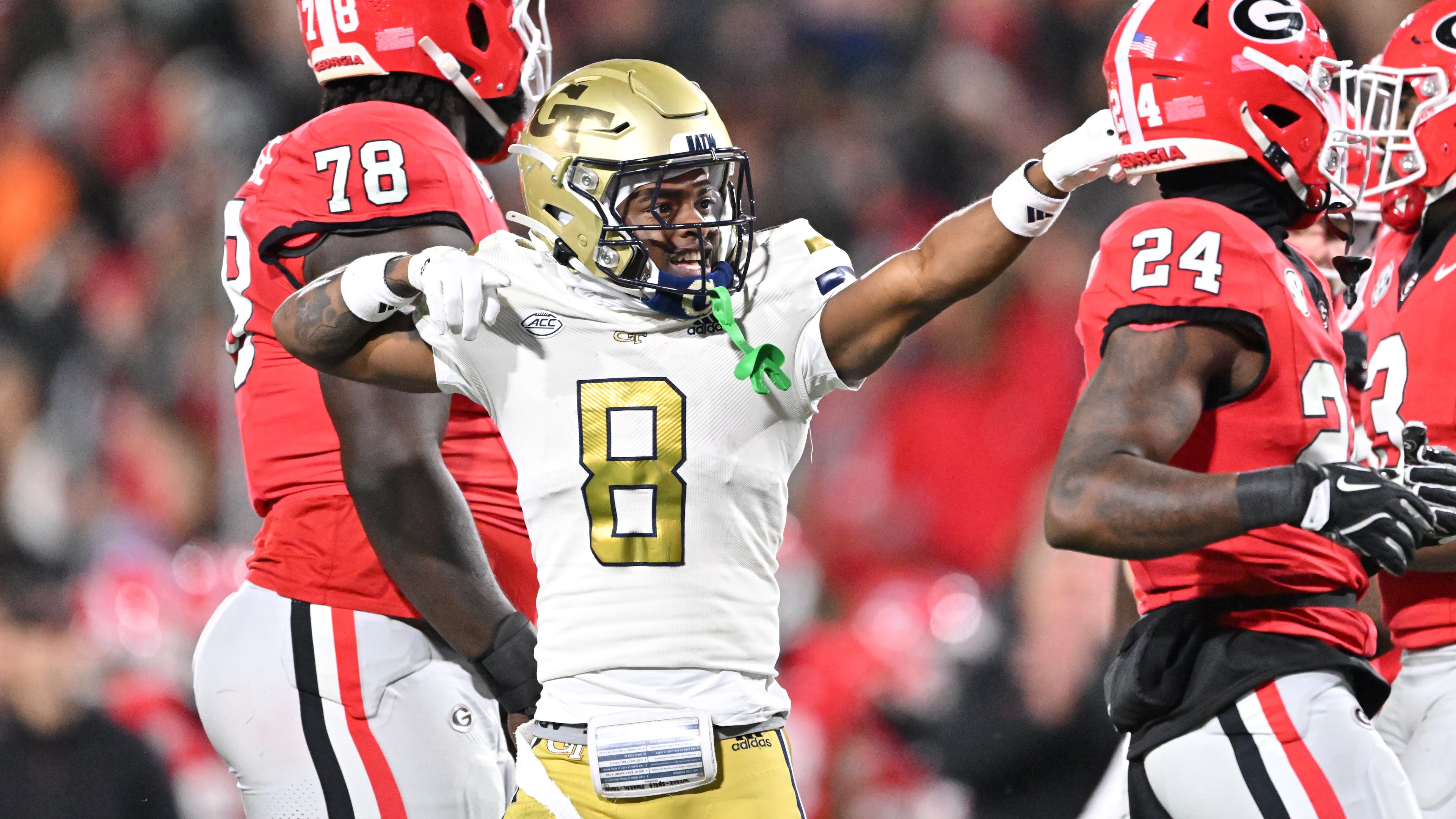 Georgia Tech wide receiver Malik Rutherford (8) reacts during the first half in an NCAA football game at Sanford Stadium, Friday, November 29, 2024, in Athens. (Hyosub Shin / AJC)