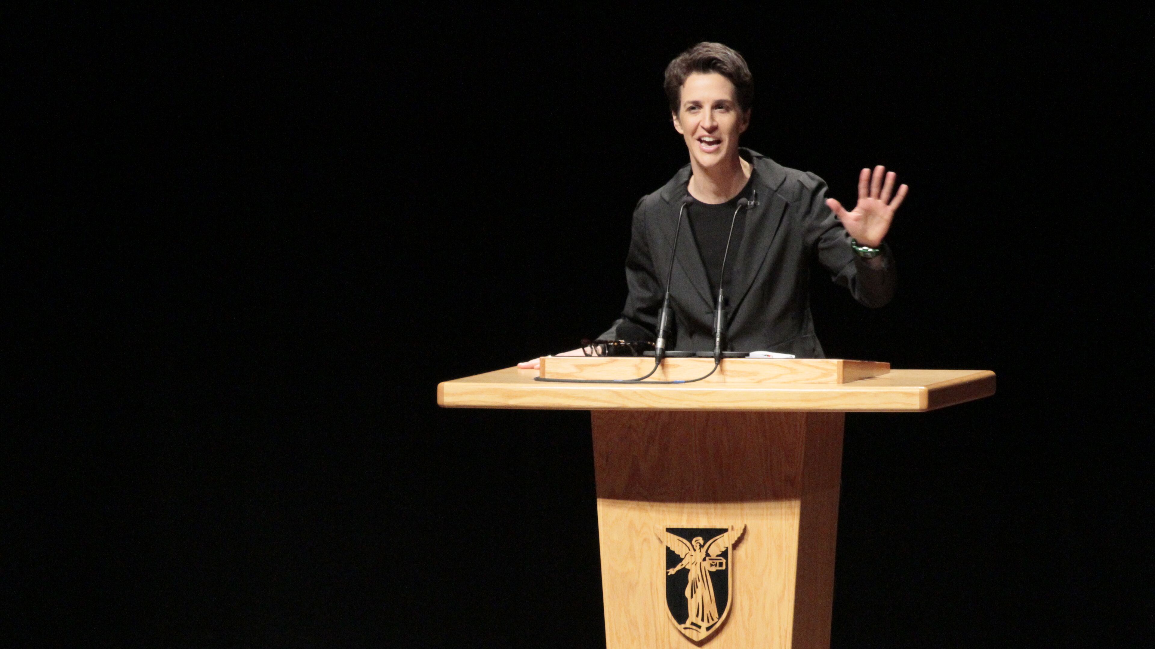 MUNCIE, IN - DECEMBER 02: Rachel Maddow discusses the headlines of the day in Emens Auditorium at Ball State University, David Letterman's alma mater, on December 2, 2011 in Muncie, Indiana. (Photo by Ron Hoskins/Getty Images)