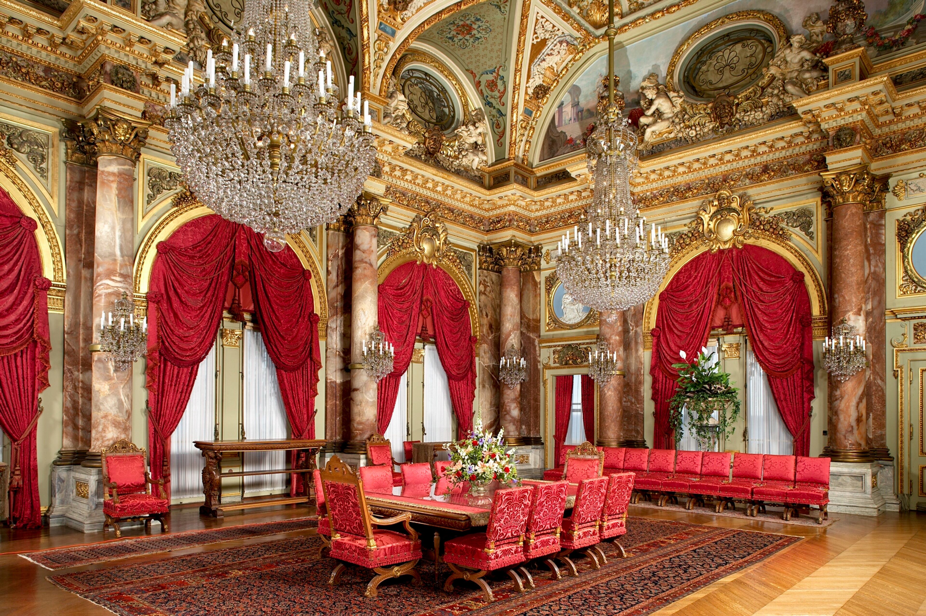 The Breakers dining room. The mansion is the grandest of Newport's summer "cottages" and a symbol of the Vanderbilt family's social and financial preeminence in the Gilded Age. (Courtesy of Discover Newport)
