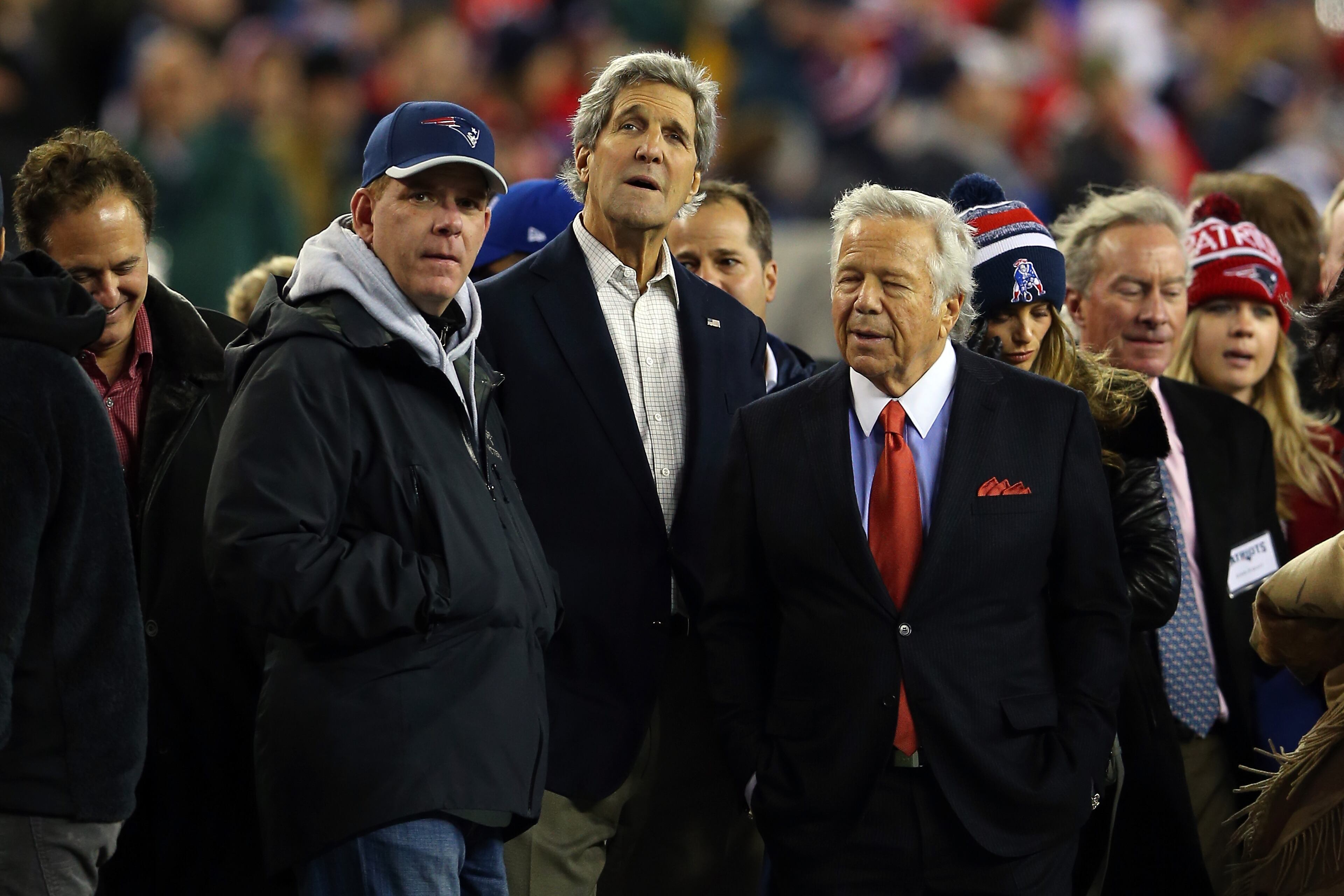 FOXBORO, MA - JANUARY 18: U.S. Secretary of State John Kerry and New England Patriots owner Robert Kraft look on from the sidelines of the 2015 AFC Championship Game between the New England Patriots and the Indianapolis Colts at Gillette Stadium on January 18, 2015 in Foxboro, Massachusetts. (Photo by Elsa/Getty Images)