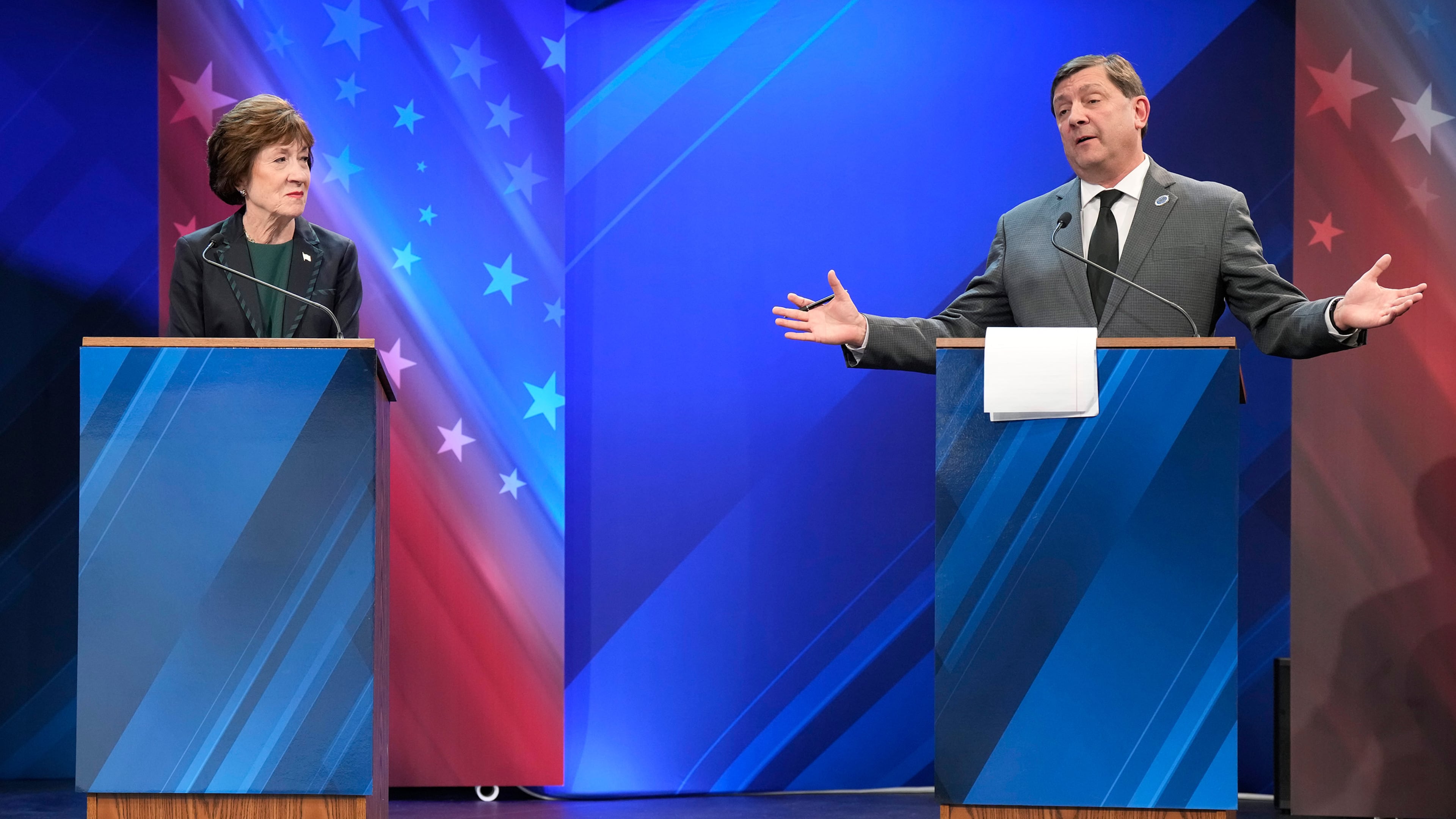 Sen. Susan Collins (R) looks to Troy Jackson (D) as he answers a question during the final Maine U.S. Senate debate in Bangor, Maine, Thursday, Oct. 15, 2026. (Gregory A. Rec/Portland Press Herald via AP, Pool)