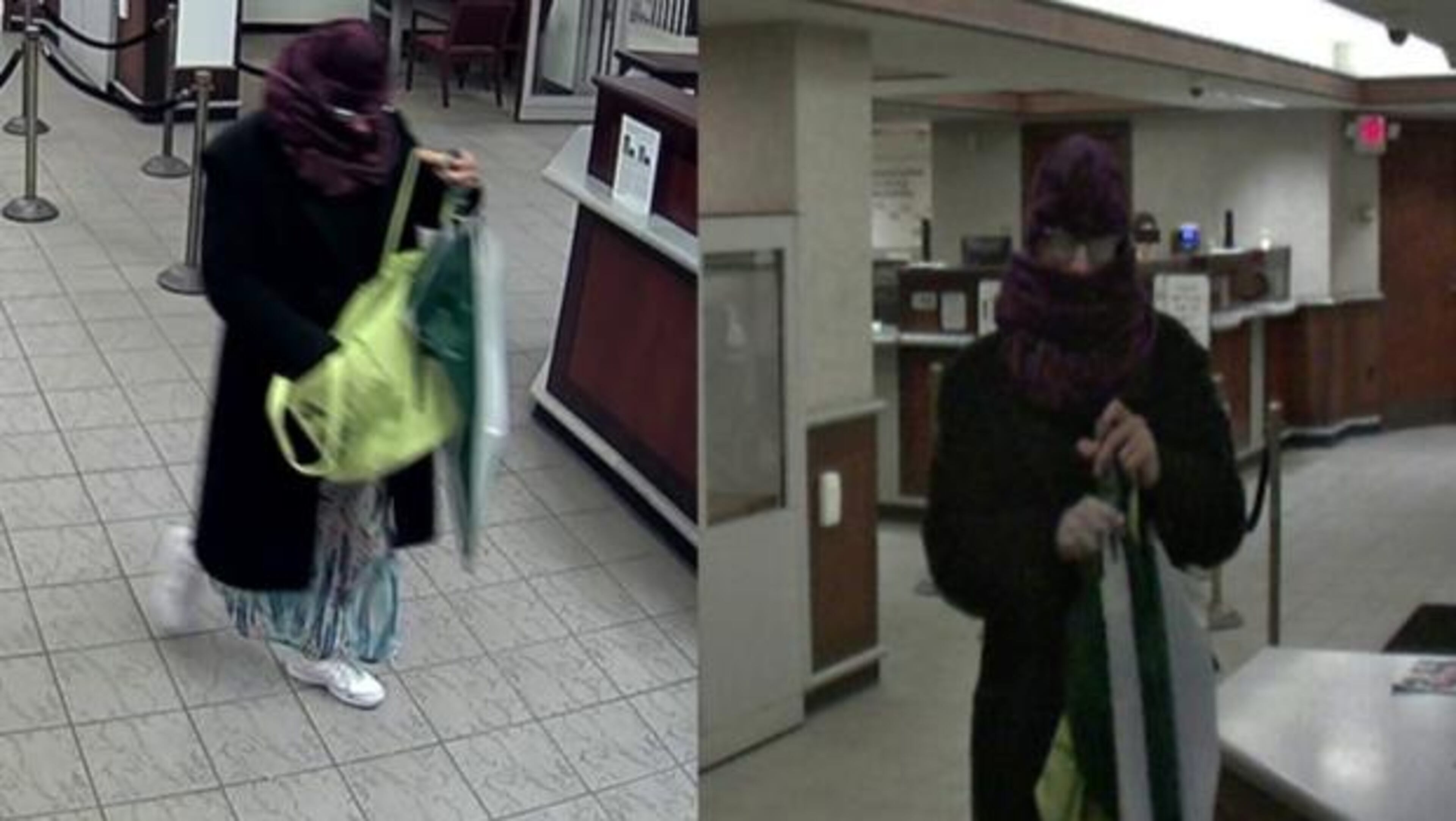 Pittsburgh Police released these photos of a suspected bank robber wearing a dress and a purple hat and scarf during a heist Thursday morning.