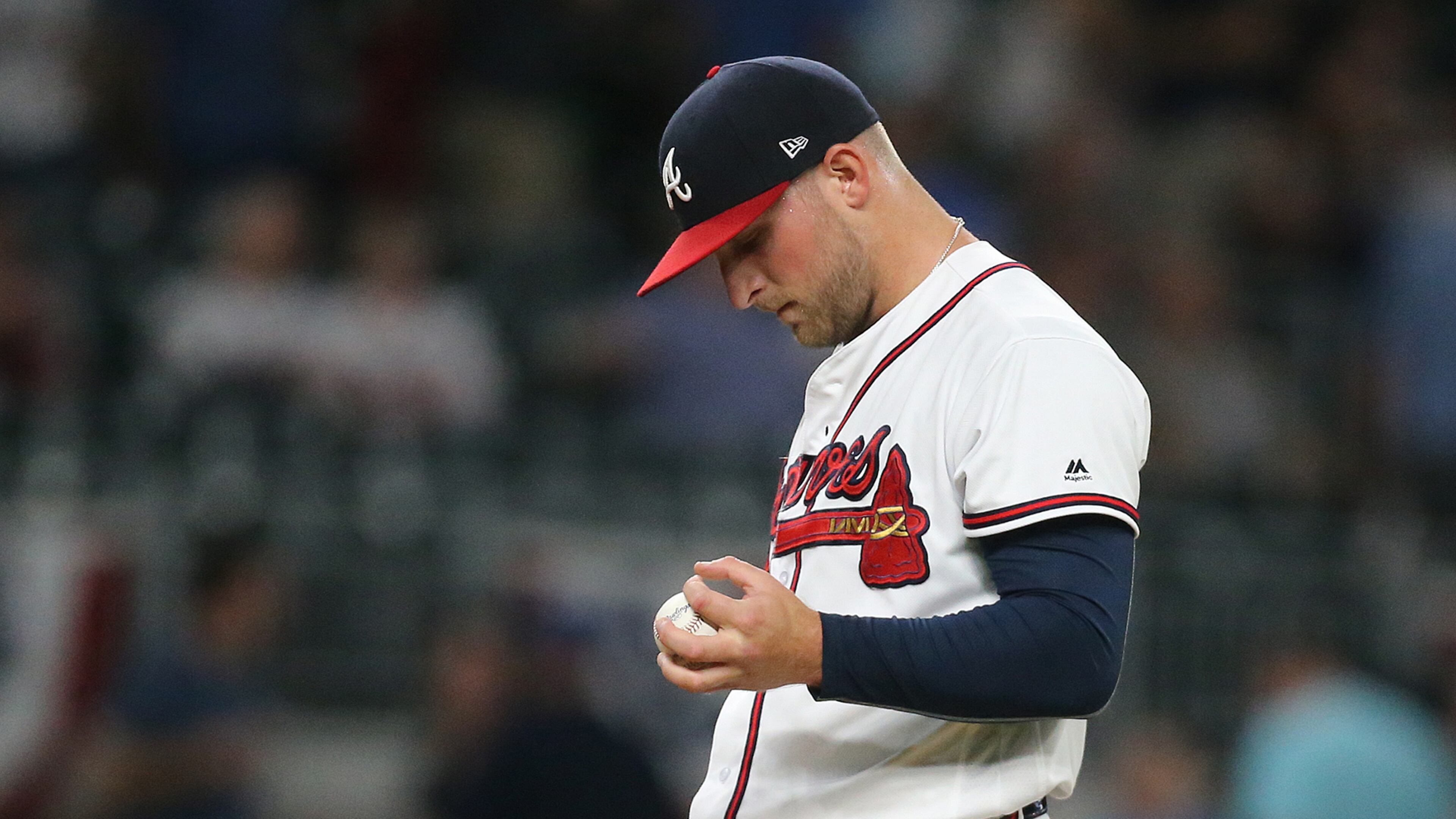 Braves lefty Ian Krol reacts after giving up a grand slam to the Nationals’ Ryan Zimmerman on April 19. (Curtis Compton/ccompton@ajc.com)