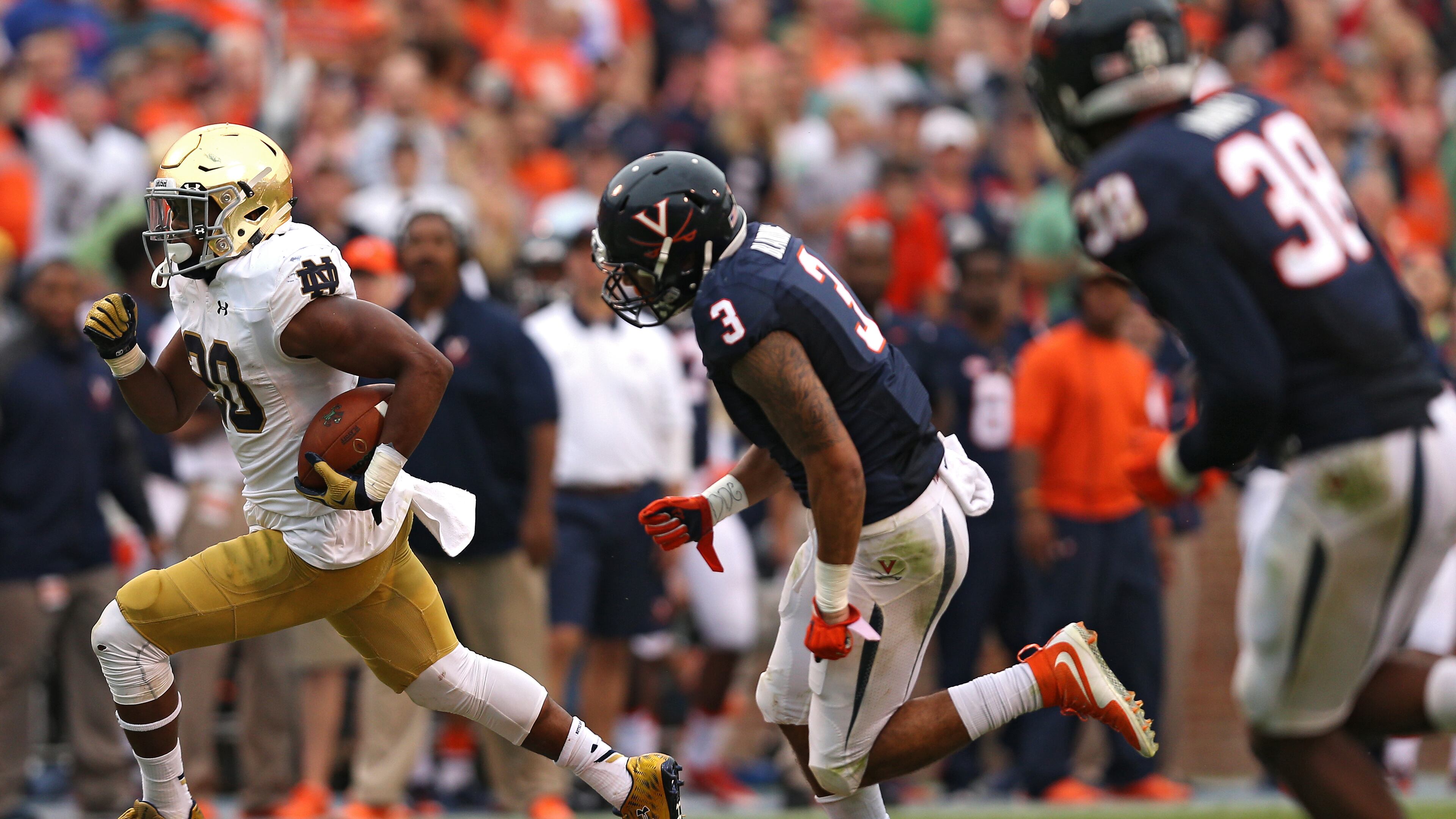 Notre Dame running back C.J. Prosise was a wide receiver as a sophomore and junior before moving to running back in the spring. With the team's top two backs out, he is now the starter. (GETTY IMAGES)