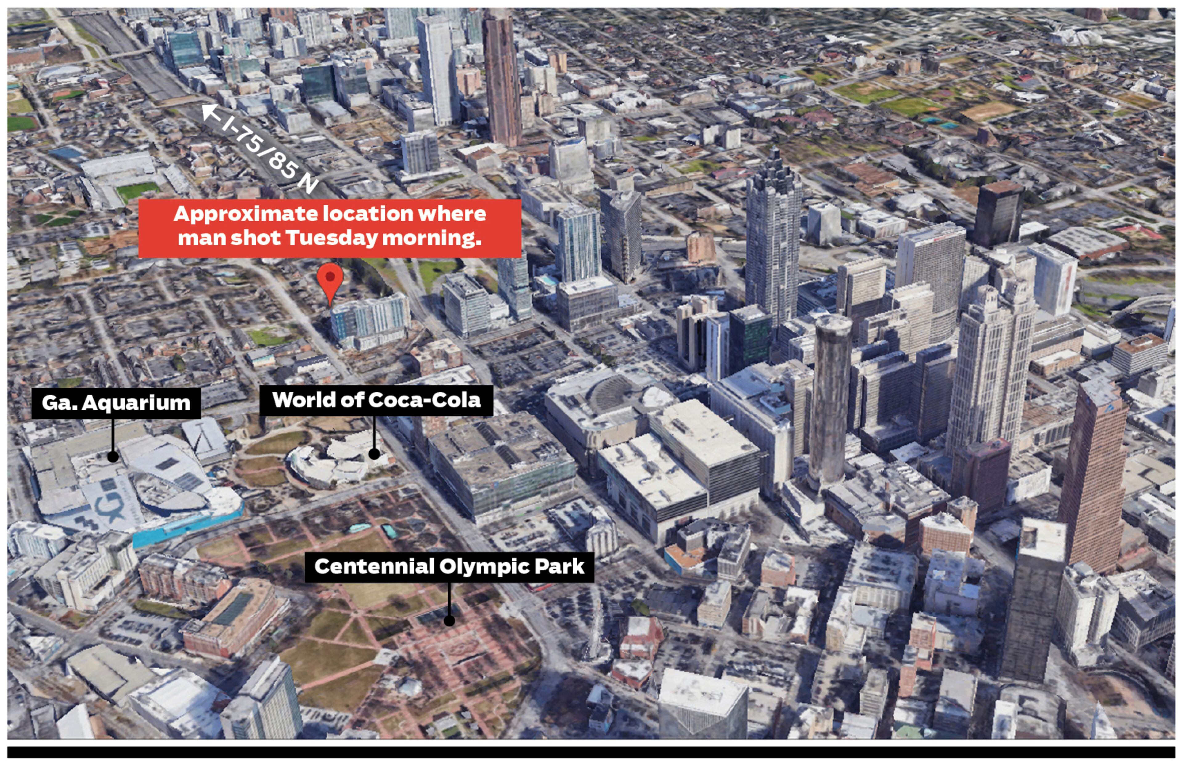 Location of the area of Hunnicutt Street and Centennial Olympic Park Drive where a man was shot in downtown Atlanta on Tuesday Feb. 15, 2022.