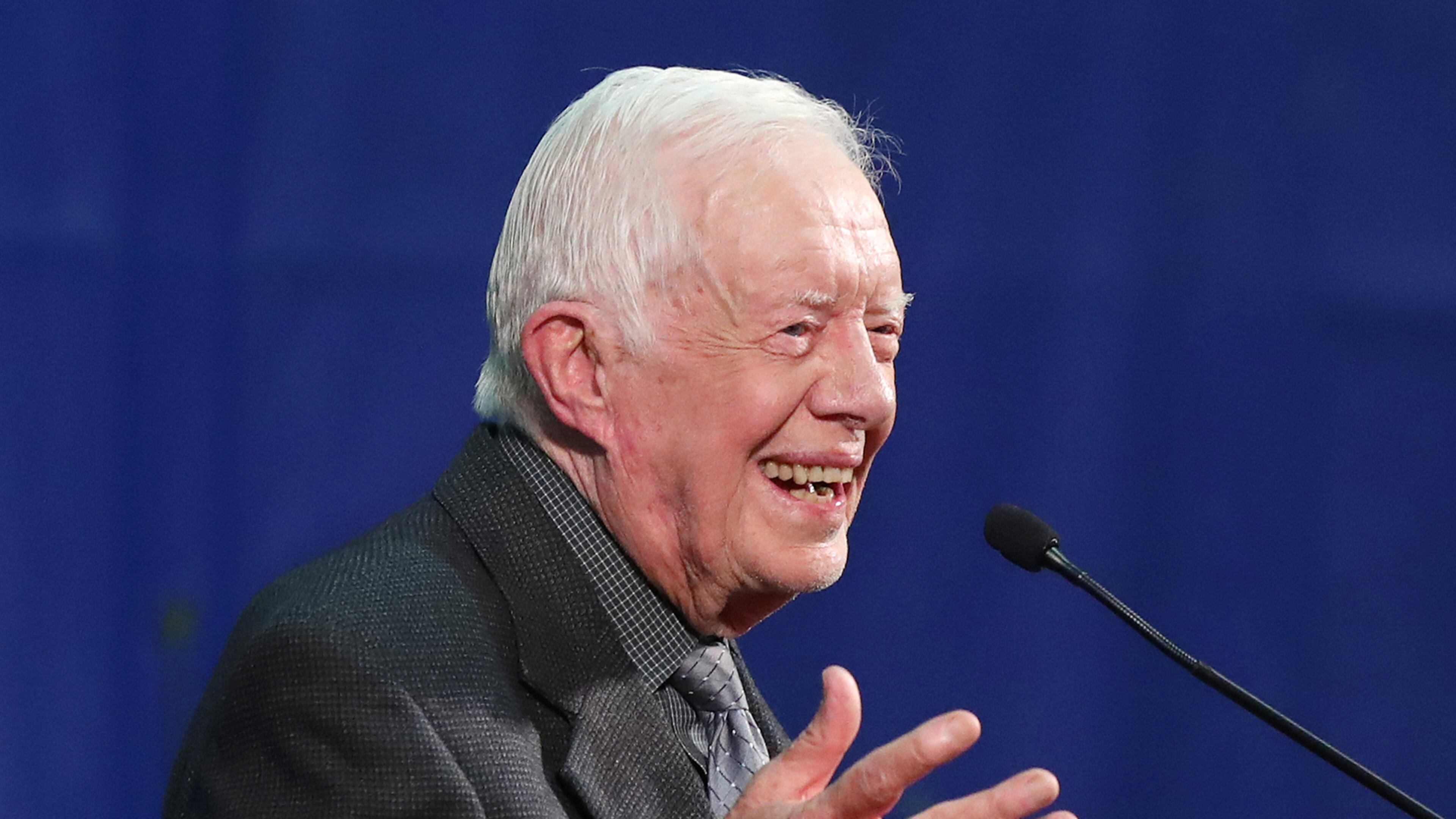 September 14, 2016 ATLANTA: President Jimmy Carter, who just had his three month MRI and a clean bill of health, shares a laugh as he conducts his annual Town Hall with Emory University freshmen at the Woodruff P.E. Center on Wednesday, Sept. 14, 2016, in Atlanta. The former president, who'll turn 92 in two weeks, answers just about anything the students want to know during a Q & A session. Carter jokingly told students they may want to abstain from the election, but then recommended voting Democratic. Curtis Compton /ccompton@ajc.com