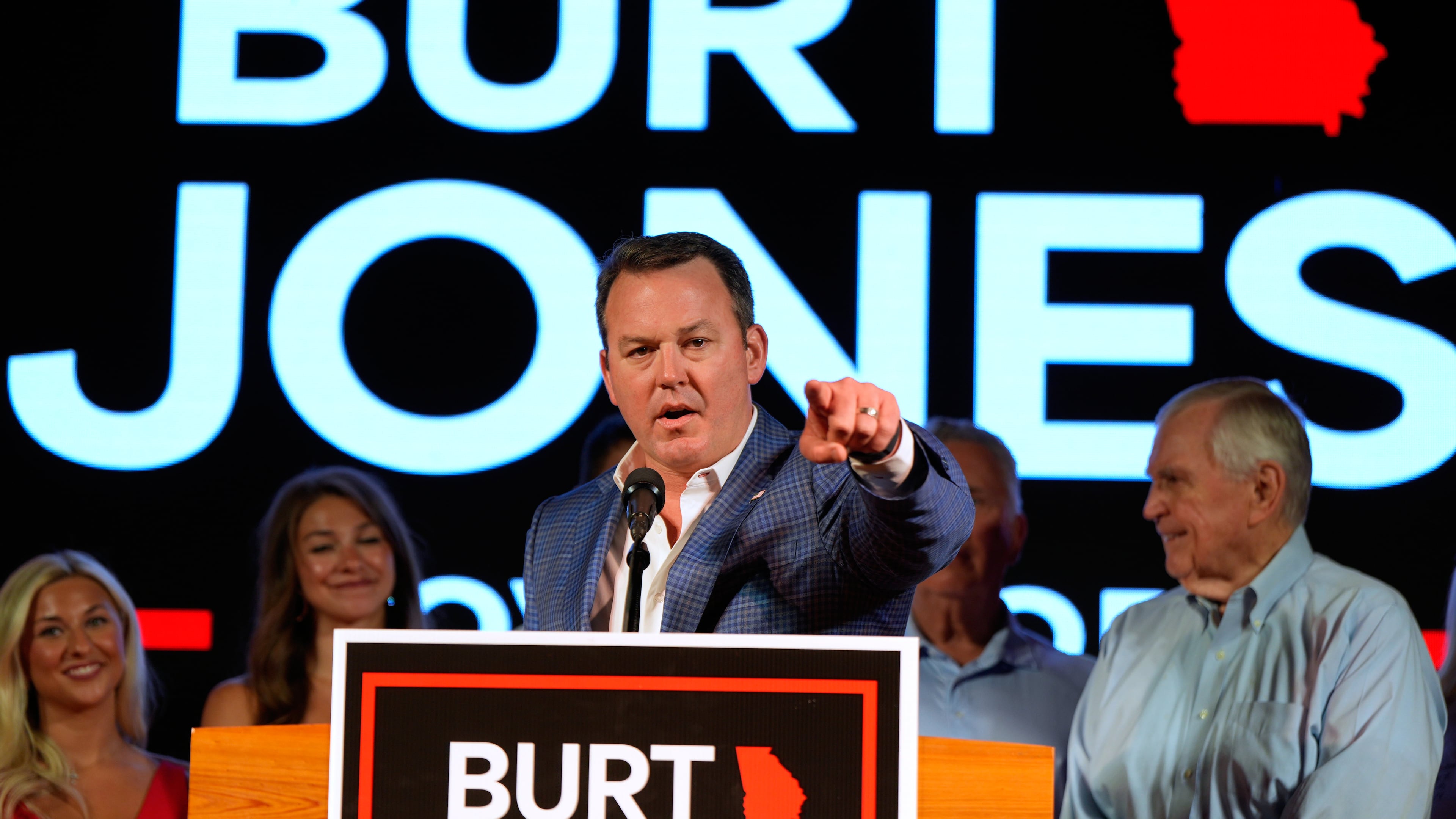 Georgia gubernatorial candidate Burt Jones speaks during a primary election night watch party, Tuesday, May 19, 2026, in Jackson, Ga. (AP Photo/Mike Stewart)