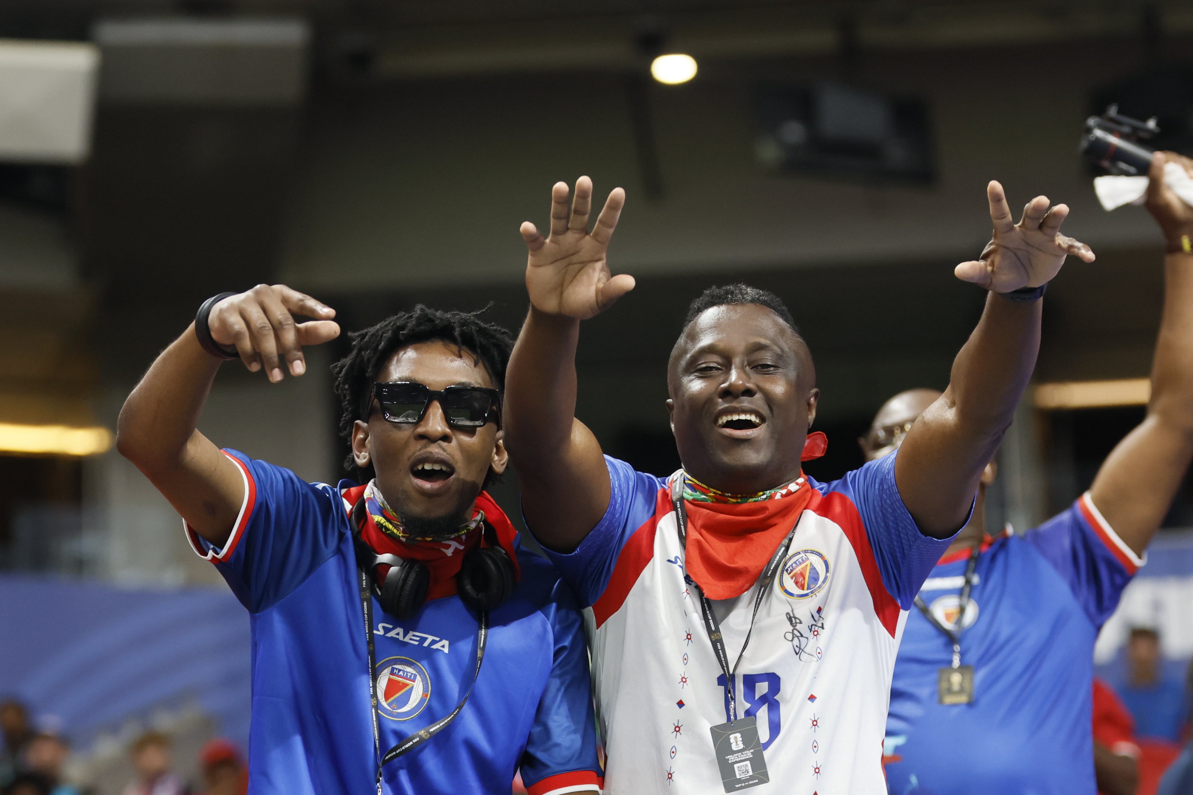 Haiti supporters cheer as their team enters the pitch for warm-ups before the start of the Morocco vs. Haiti Group C FIFA World Cup match at Atlanta Stadium (Mercedes-Benz Stadium) on Wednesday, June 24, 2026. (Miguel Martinez/AJC)