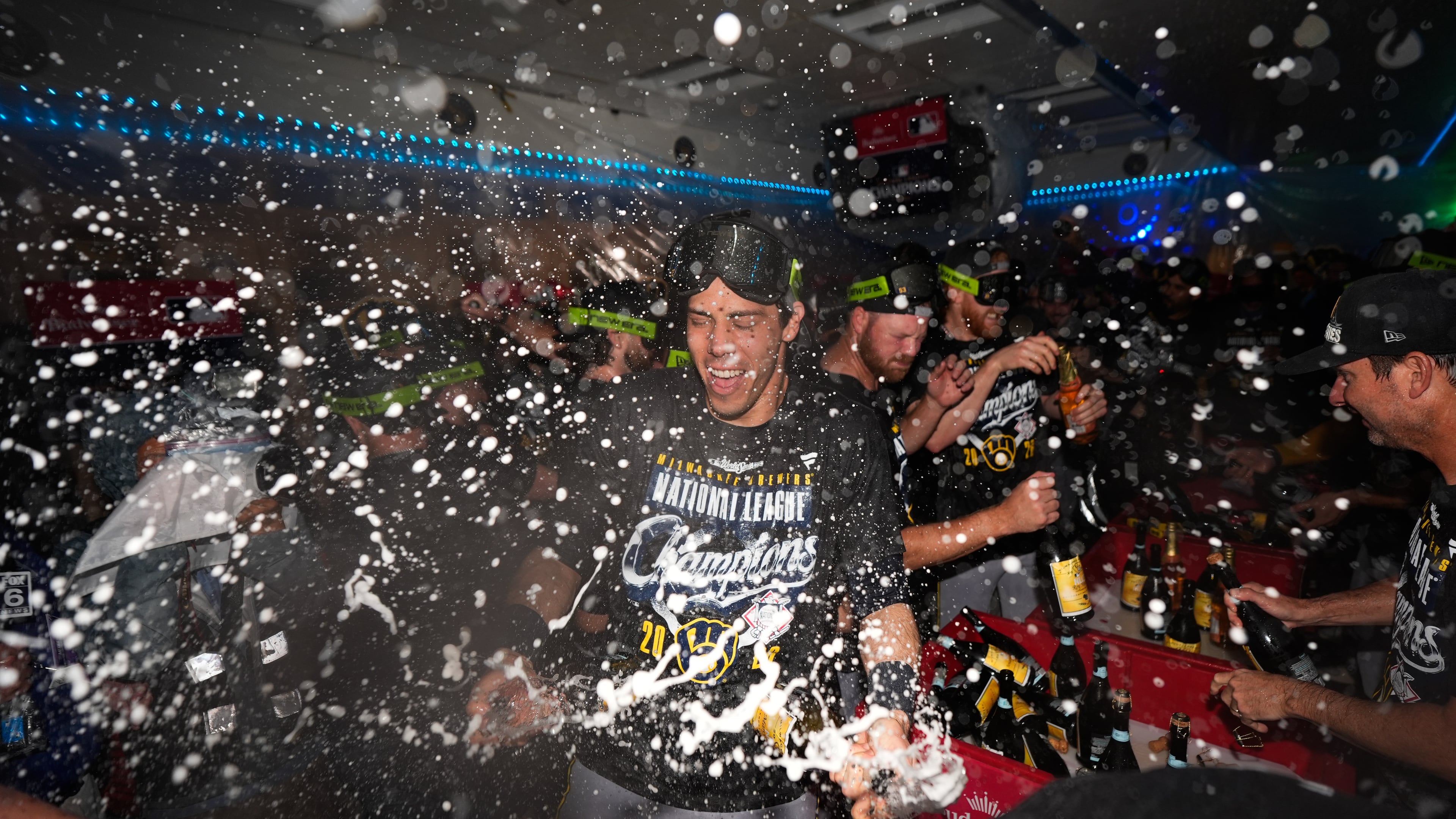 Milwaukee Brewers designated hitter Christian Yelich celebrates winning the NLCS Championship after Game 4 of baseball's National League Championship Series between the Milwaukee Brewers and the Los Angeles Dodgers, Thursday, Oct. 15, 2026, in Los Angeles. (AP Photo/Ashley Landis)
