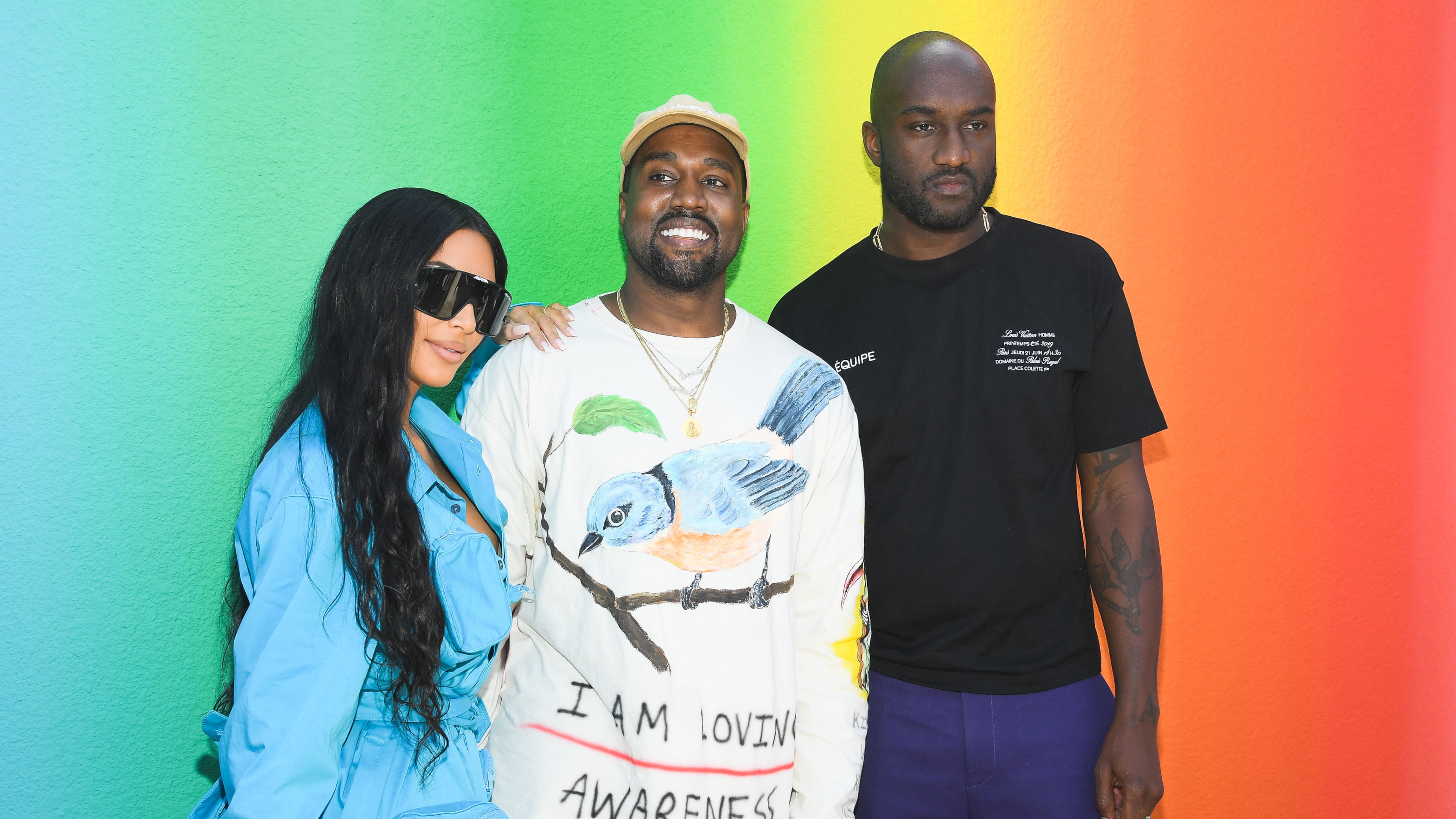 PARIS, FRANCE - JUNE 21: (L-R) Kim Kardashian, Kanye West and Virgil Abloh after the Louis Vuitton Menswear Spring/Summer 2019 show as part of Paris Fashion Week on June 21, 2018 in Paris, France. (Photo by Pascal Le Segretain/Getty Images)