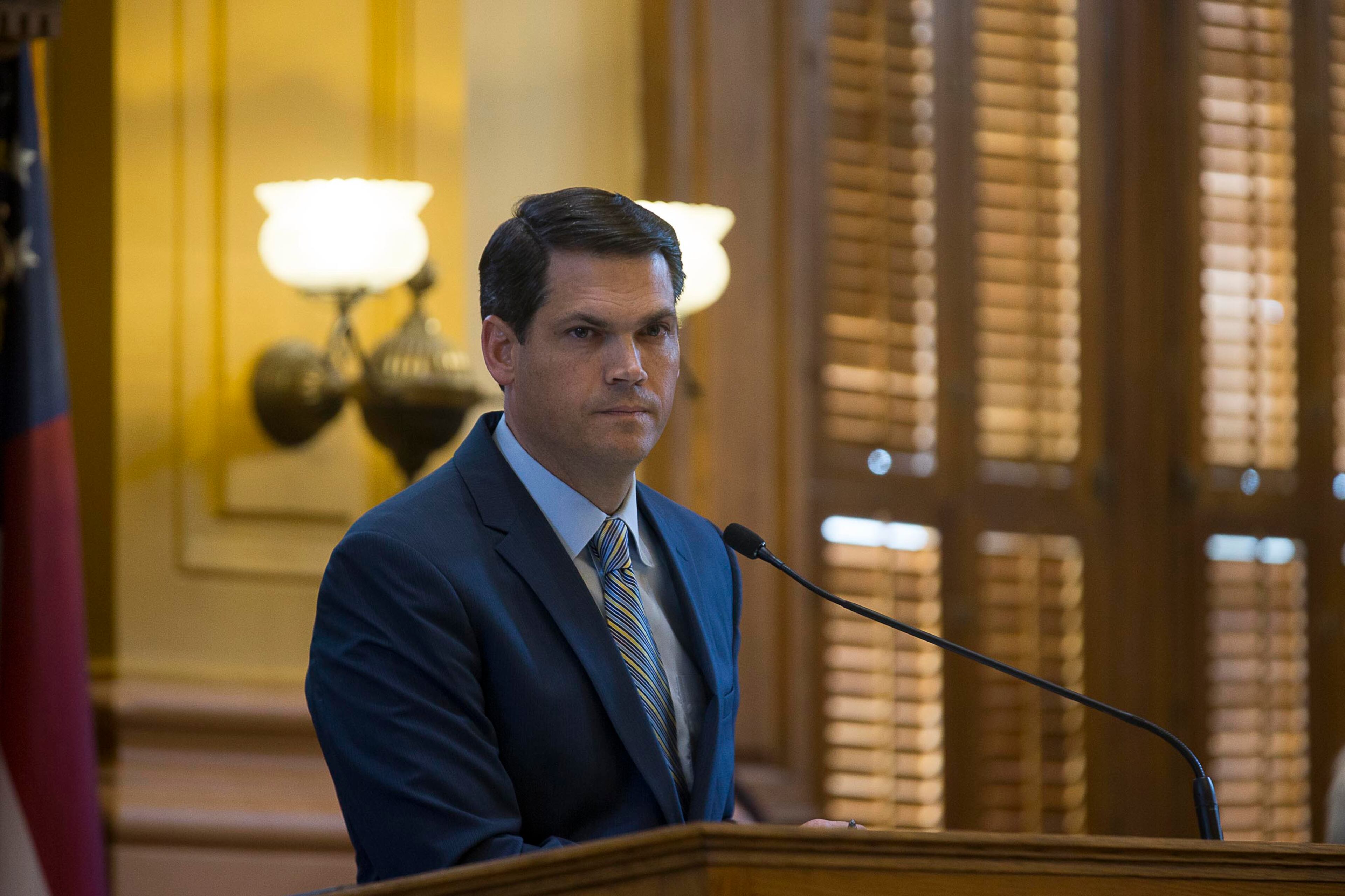03/22/2019 -- Atlanta, Georgia -- Georgia Lieutenant Governor Geoff Duncan addresses members of the Georgia senate during a debate on HB 481 in the Senate chambers on the 35th legislative day at the Georgia State Capitol building in downtown Atlanta, Friday, March 22, 2019. HB 481 passed the Senate, 34-18. (ALYSSA POINTER/ALYSSA.POINTER@AJC.COM)
