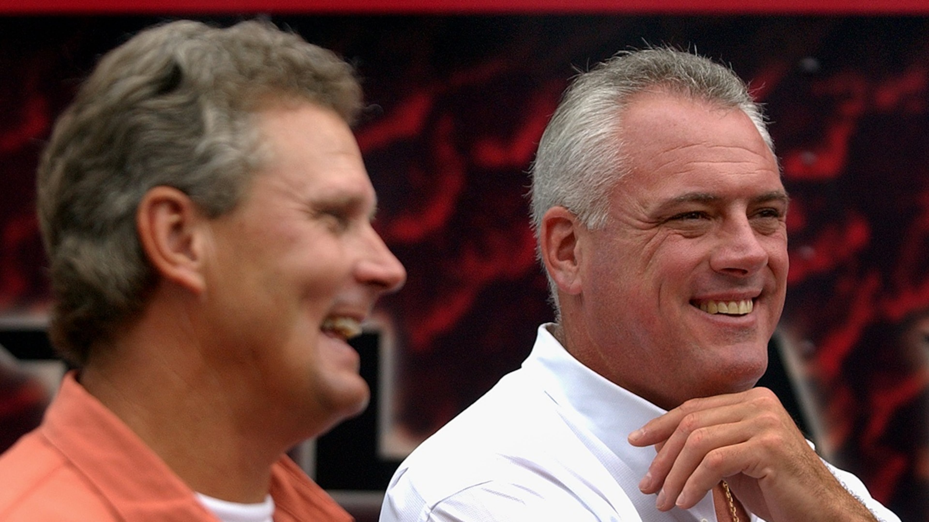 Former Falcons greats Mike Kenn (right) and Steve Bartkowski attend a team mini camp after their careers ended. (SUNNY SUNG/STAFF)