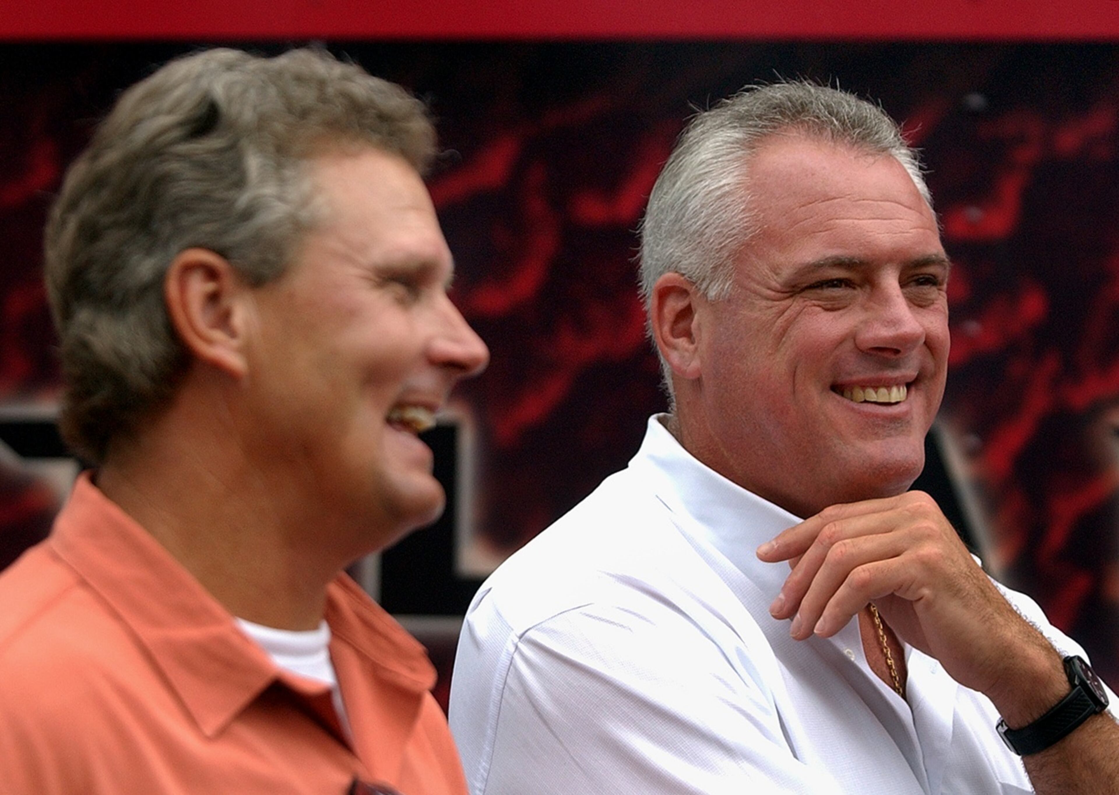 Former Falcons greats Mike Kenn (right) and Steve Bartkowski attend a team mini camp after their careers ended. (SUNNY SUNG/STAFF)
